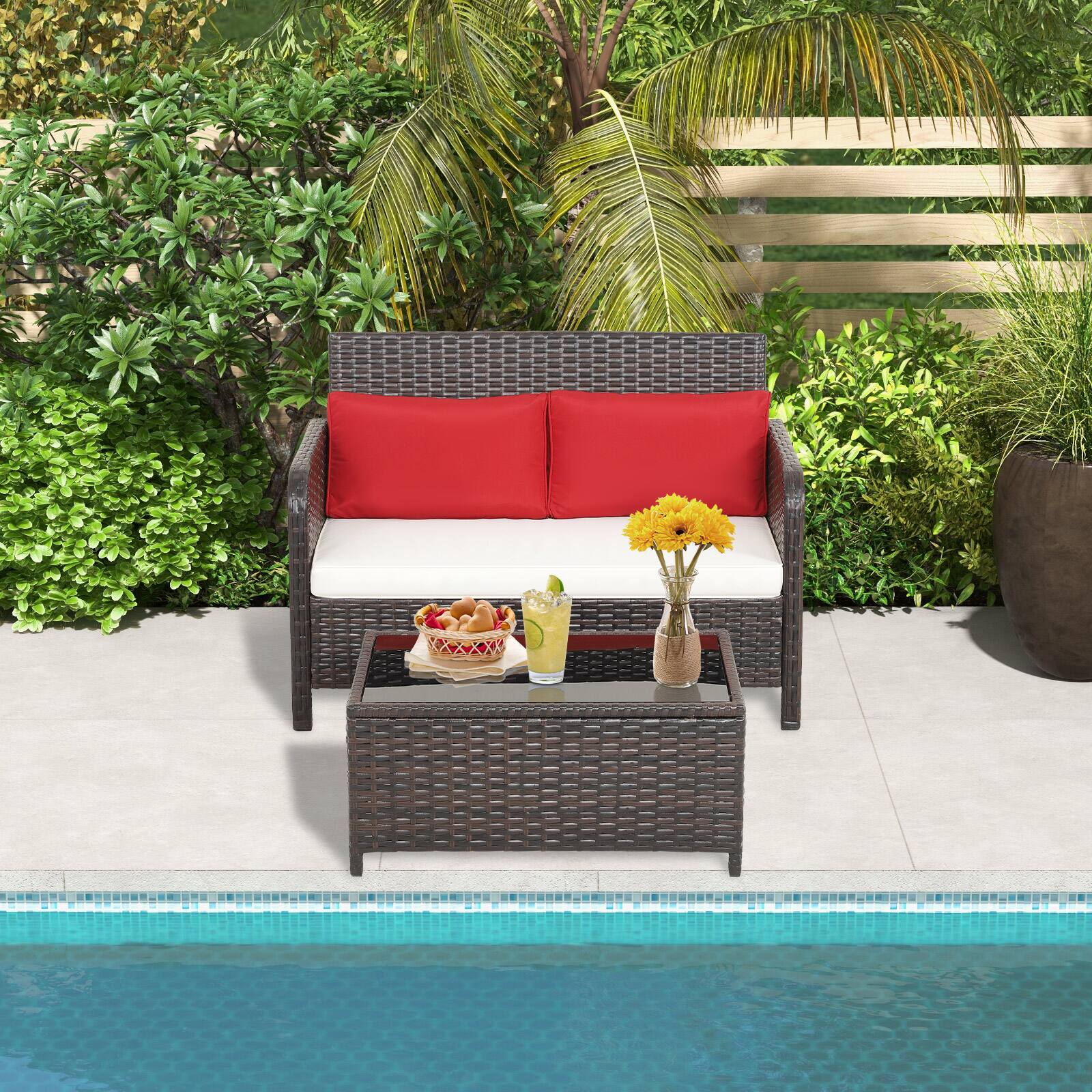 Alt View 3. Gymax - Gymax 2PCS Patio PE Wicker Rattan Loveseat Sofa Set w/ Coffee Table & Cushions - Red,Off White.