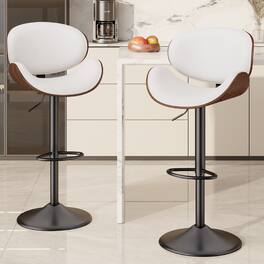 HTUTWOO - Adjustable Bar Stools Set of 2, Ergonomic Swivel Counter Height Chairs, PU Leather Barstools with Footrest for Kitchen - White