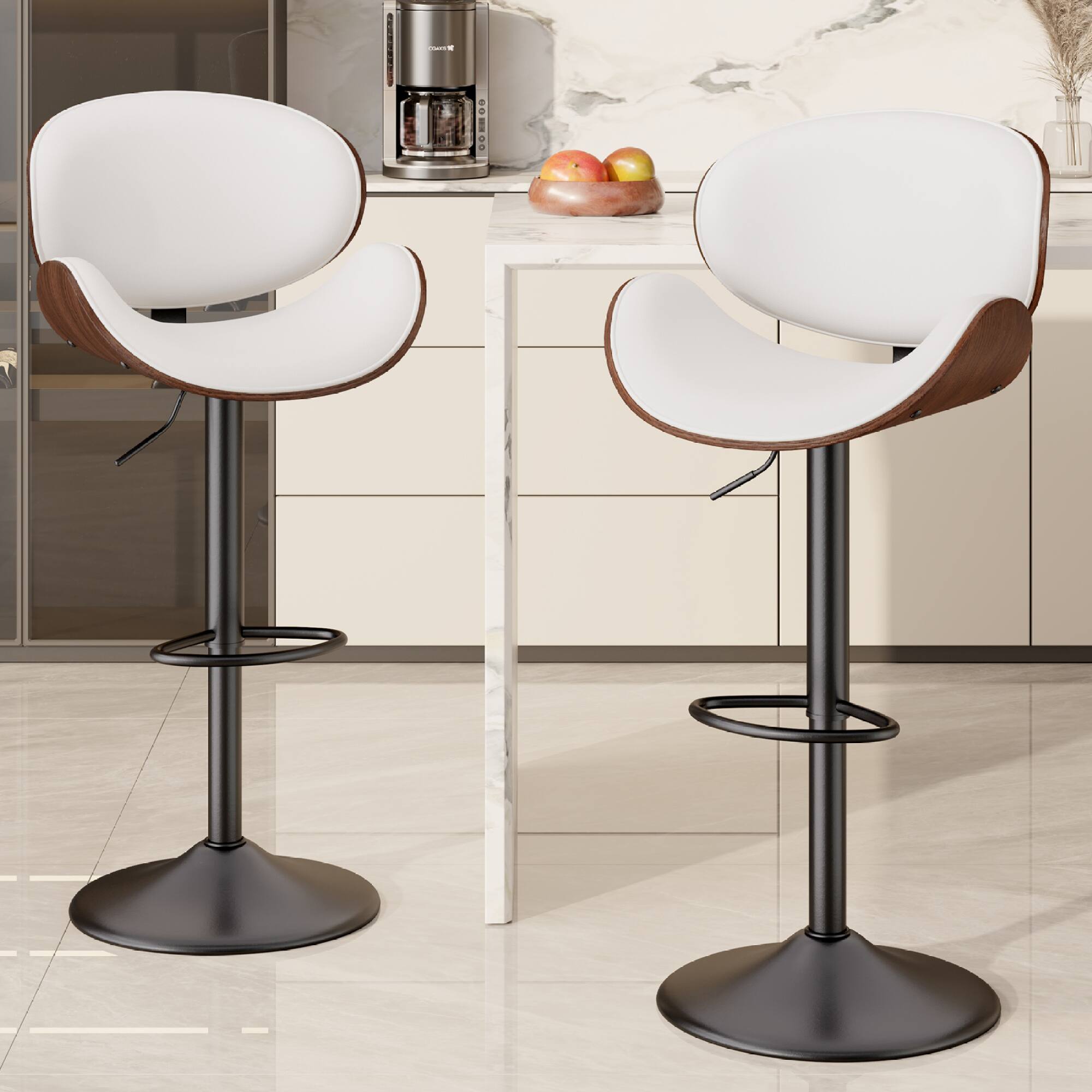 Front. HTUTWOO - Adjustable Bar Stools Set of 2, Ergonomic Swivel Counter Height Chairs, PU Leather Barstools with Footrest for Kitchen - White.