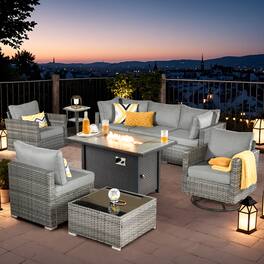 Ovios - 9 PCS Patio Furniture Sofa Set with 42" Fire Pit Table & Coffee Table for Porch Balcony - Dark Gray