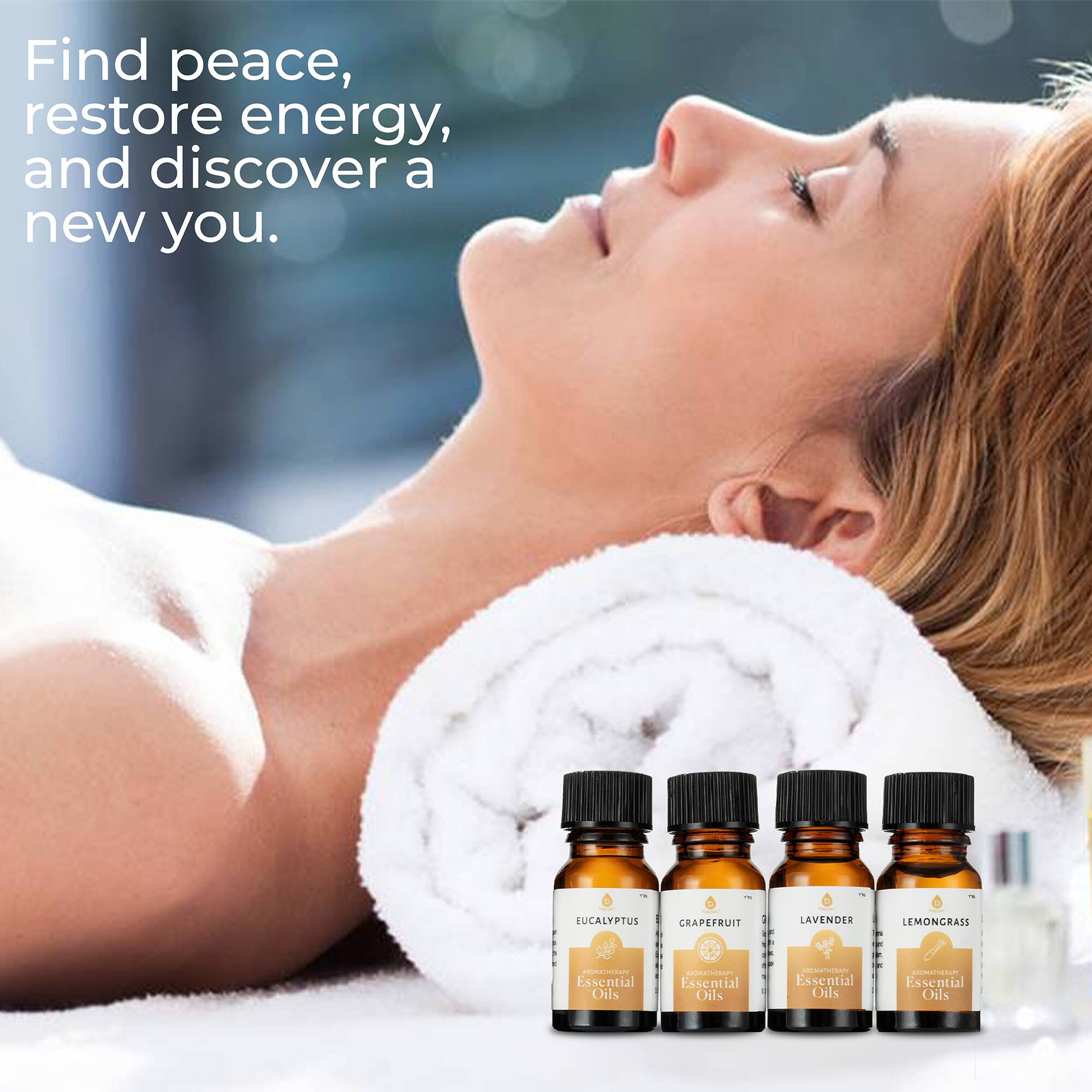Find peace, restore energy, and discover a new you. Eucalyptus, Crapefruit, Lavender, Lemongrass Essential Oils.