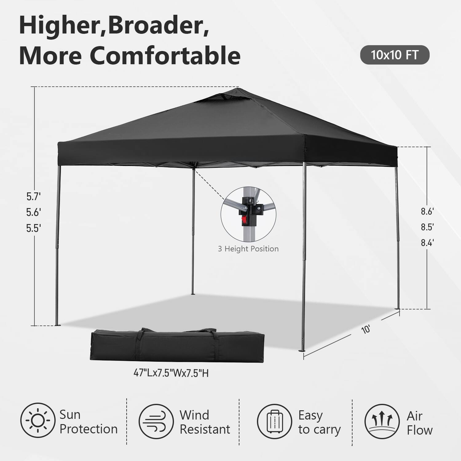 Higher, Broader, More Comfortable

10x10 FT

5.7' 5.6' 5.5'

3 Height Position

8.6' 8.5' 8.4'

10'

47"Lx7.5"Wx7.5"H

Sun Protection

Wind Resistant

Easy to carry

Air Flow