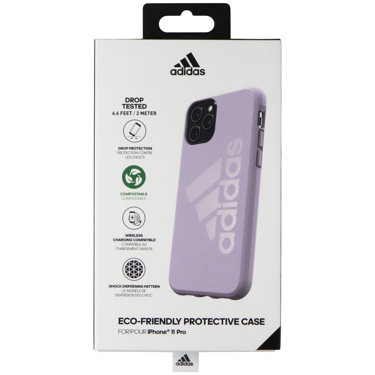 adidas DROP TESTED 6.6 FEET / 2 METER DROP PROTECTION PROTECTION CONTRE LES CHOCS COMPOSTABLE CHARGING COMPATIBLE WIRELESS COMPATIBLE SANS FIL adidas SHOCK DISPERSING PATTERN LE MODELE DE DISPERSION DES CHOCS ECO-FRIENDLY PROTECTIVE CASE FOR/POUR iPhone 11 Pro