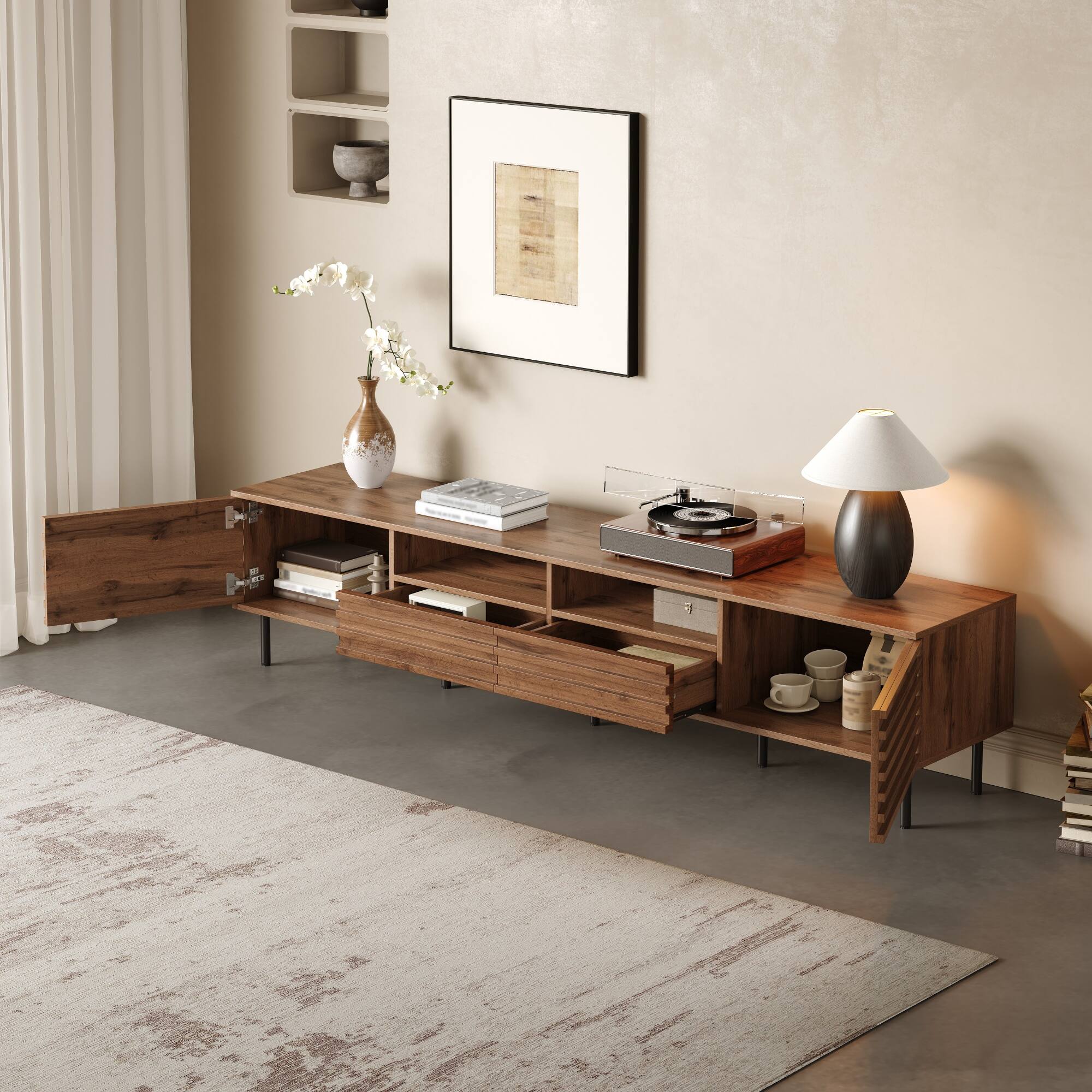 Angle. MERAVOM - Modern TV Stand for TVs up to 85", Entertainment Center with Storage Cabinets, 2 Drawers & Open Shelves for Living Room - Dark Brown.
