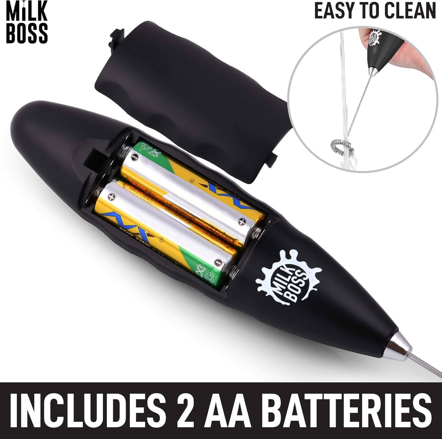 Milk Boss  
Easy to Clean  

Includes 2 AA Batteries