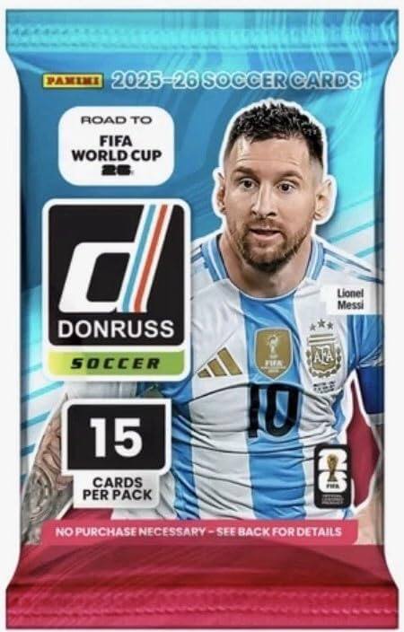 PANINI 2025-26 SOCCER CARDS ROAD TO FIFA WORLD CUP  
26  
DONRUSS SOCCER  
15 CARDS PER PACK  
Lionel Messi FIFA APA 10  
NO PURCHASE NECESSARY - SEE BACK FOR DETAILS