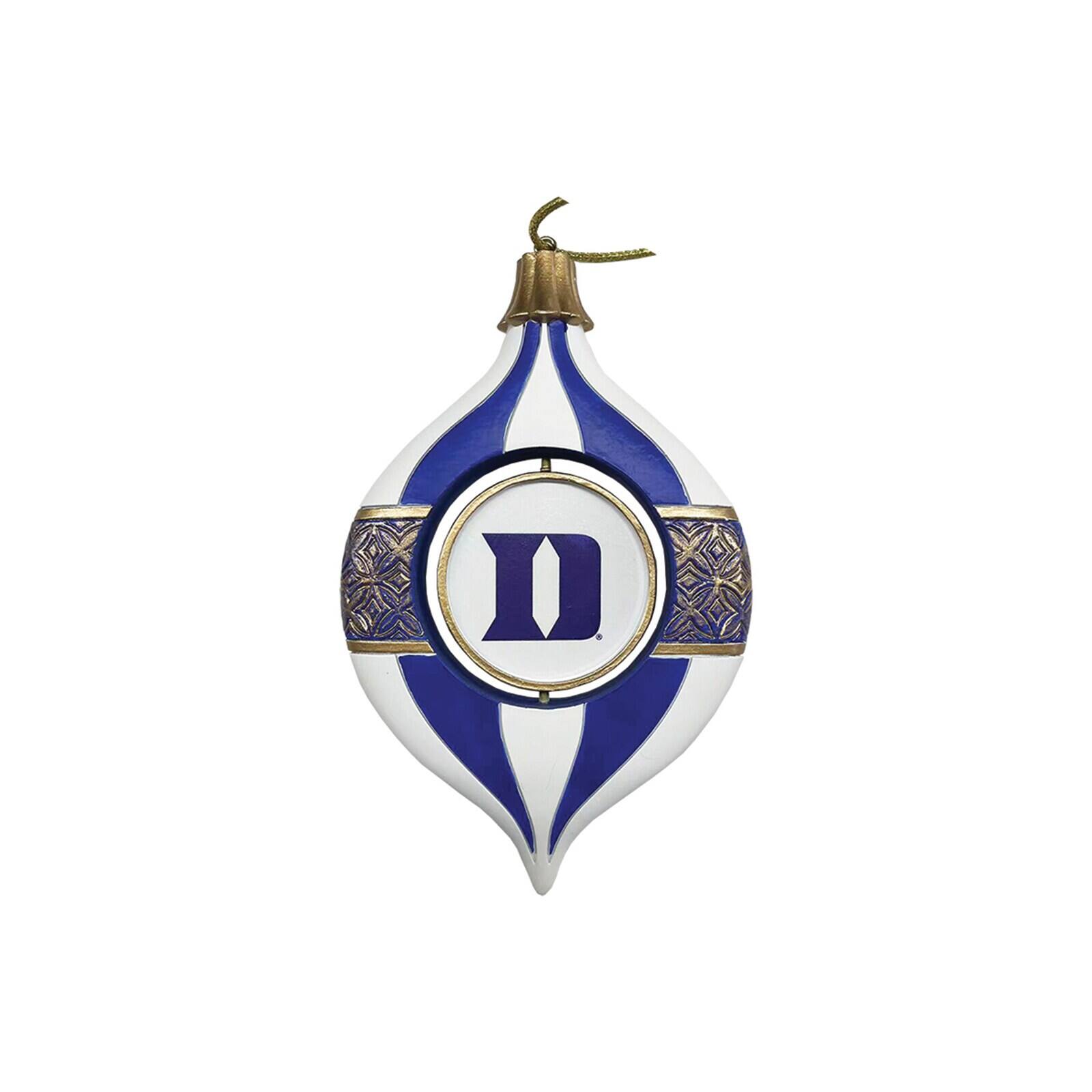 Front. Santa's Workshop - Duke Blue Devils Two-Piece 5.5" Spinning Bulb Ornament Set - Blue.