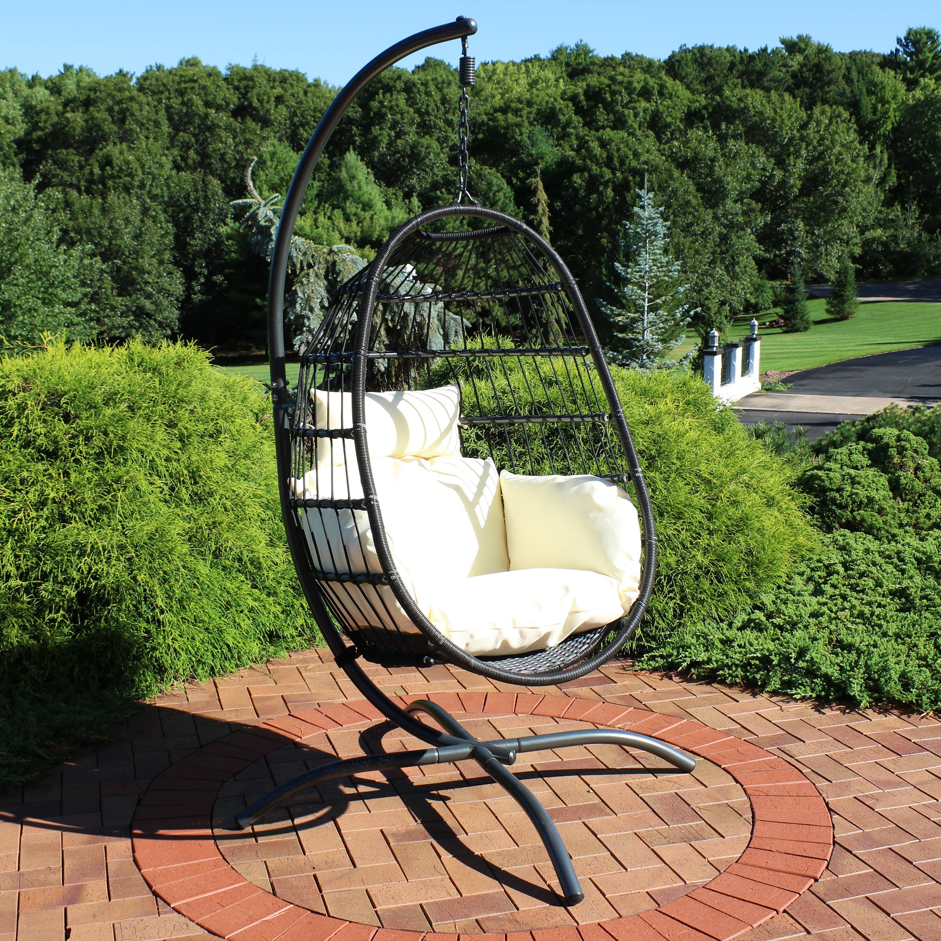Alt View 3. Sunnydaze - Resin Wicker Hanging Egg Chair with Steel Stand/Cushions - Cream Cushions.