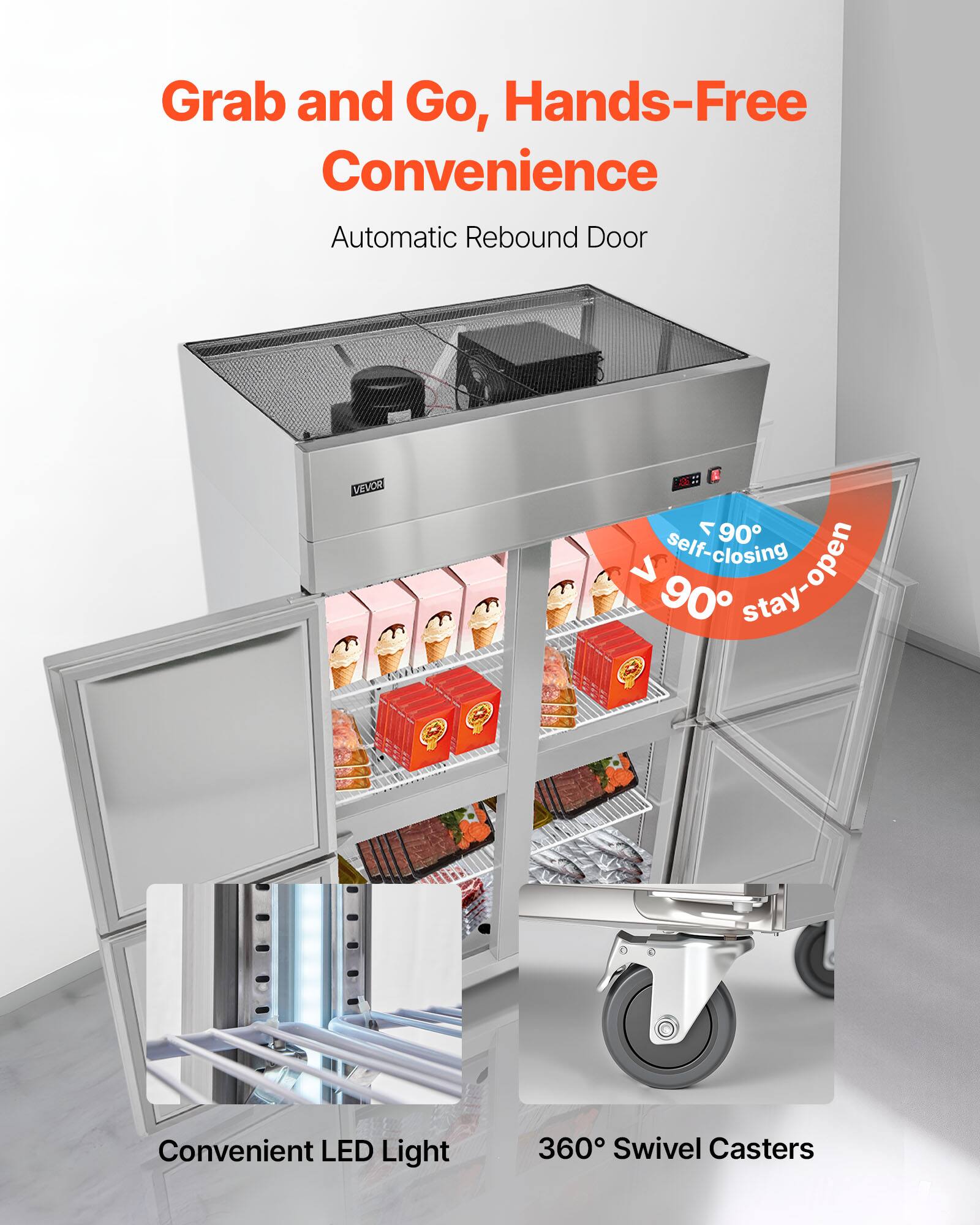 Grab and Go, Hands-Free Convenience  
Automatic Rebound Door  

1. Self-closing 90° stay-open  
2. Convenient LED Light  
3. 360° Swivel Casters