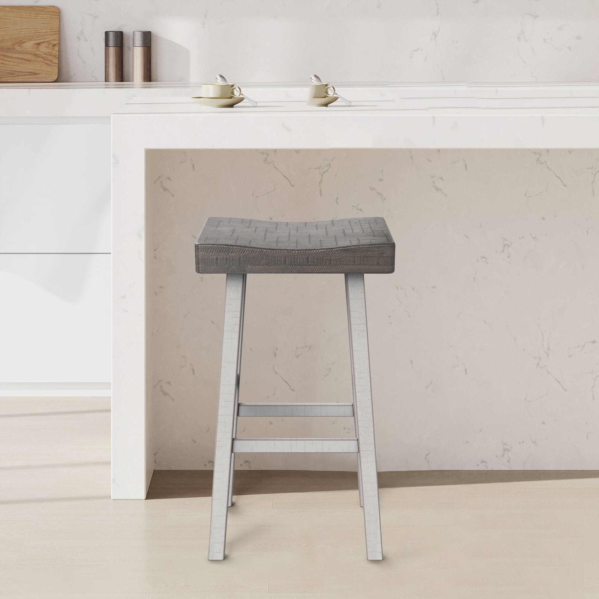 Back. Vaczon - Modern 29 Inch Bar Stools Set of 2, Solid Wood Base, Contour Seat for Kitchen Counter Bar - White.