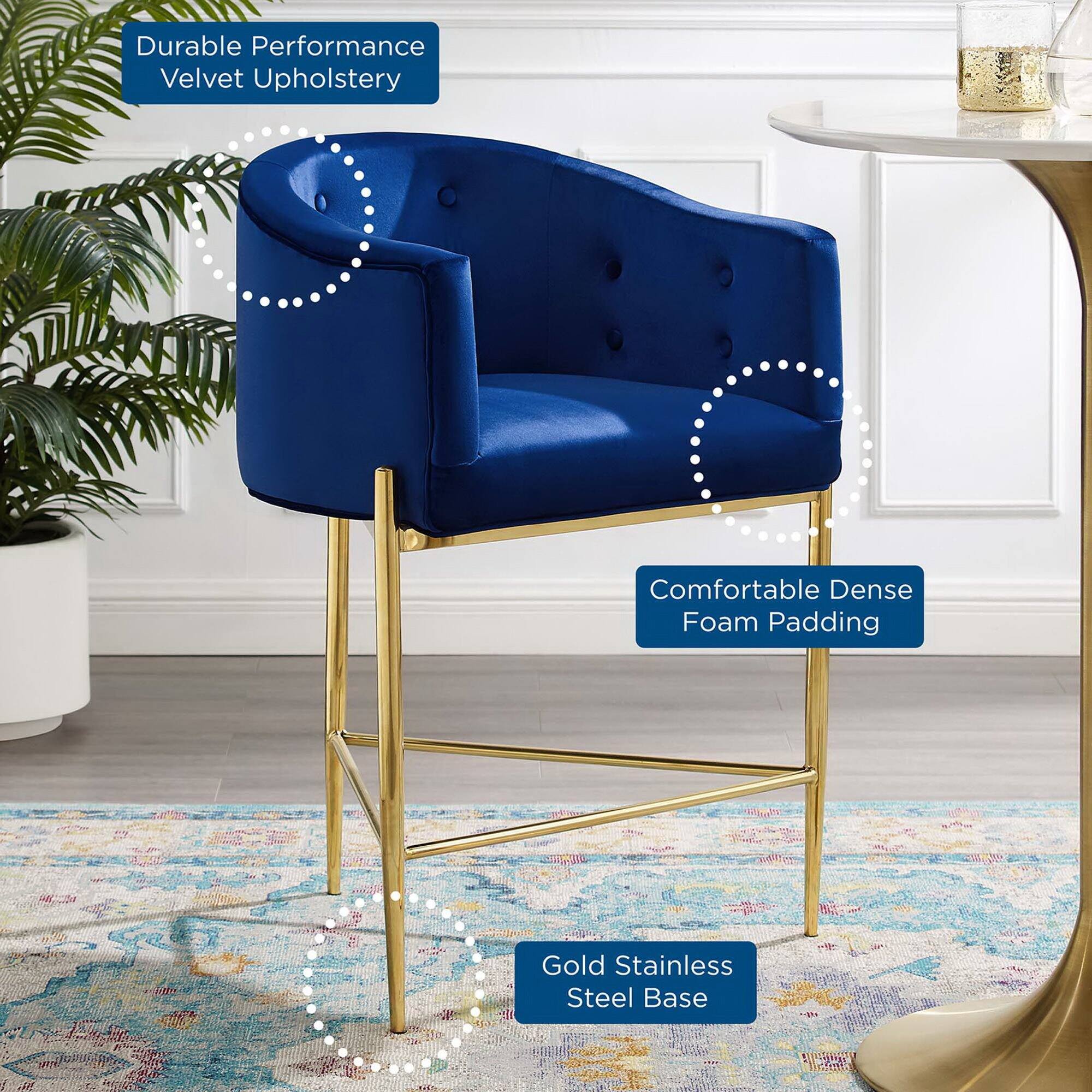 - Durable Performance Velvet Upholstery
- Comfortable Dense Foam Padding
- Gold Stainless Steel Base