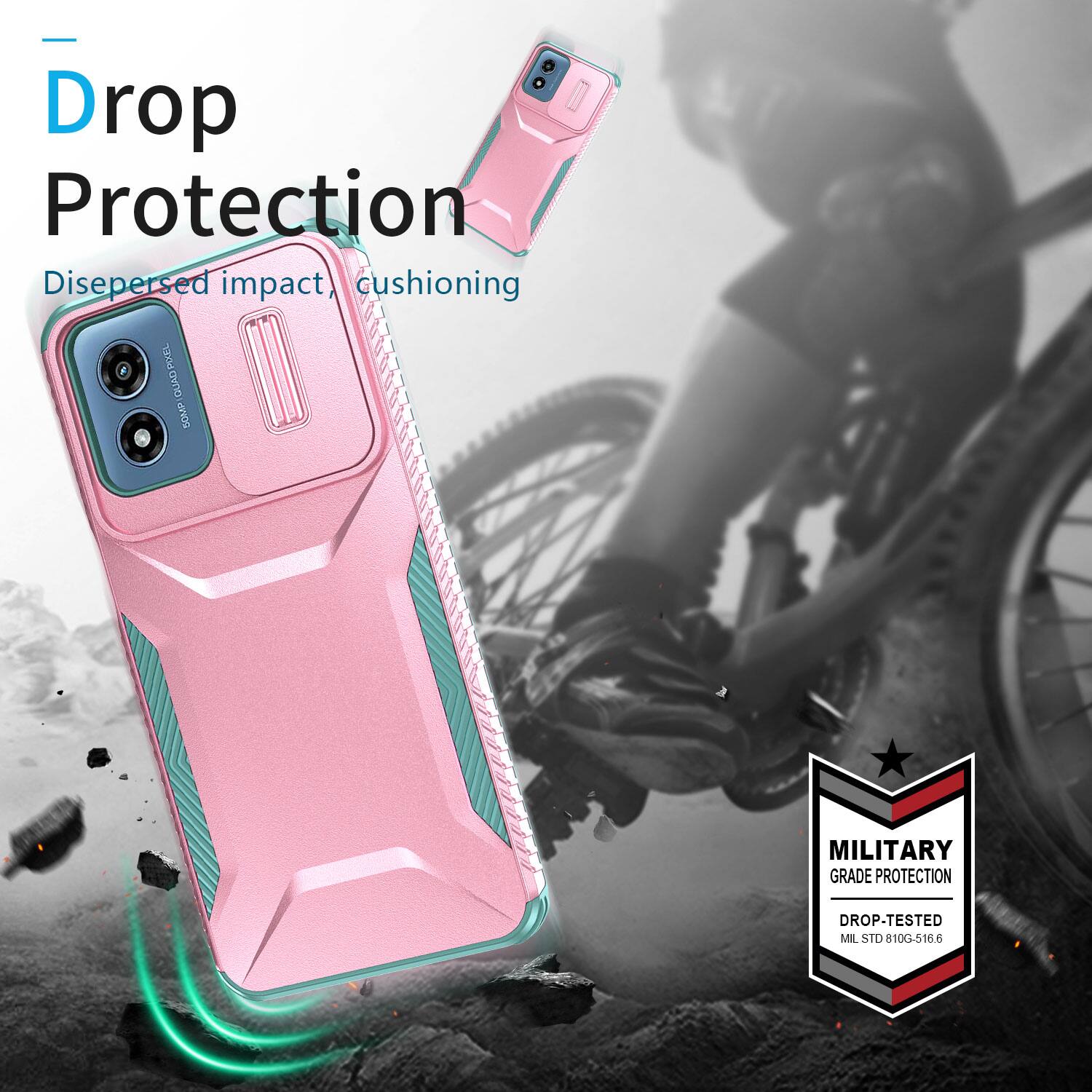 Drop Protection  
Dispersed impact, cushioning  

QUAD PIXEL GUAD SOMP  

MILITARY GRADE PROTECTION  
DROP-TESTED MIL STD 810G-516.6