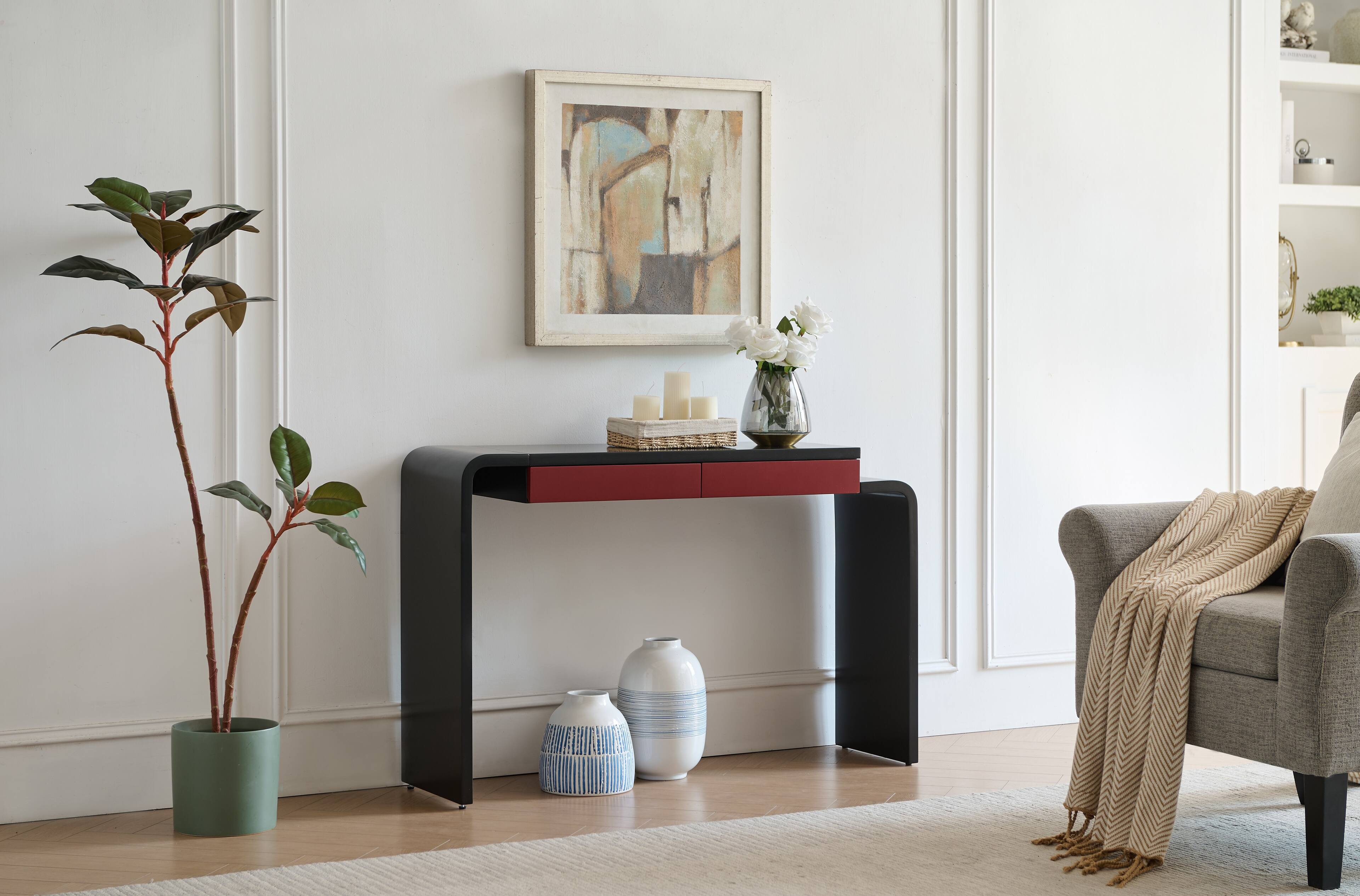 Angle. Kings Brand Furniture - Kings Brand Furniture Yuma Wooden Rounded Silhouette Console Table - Black with Red.