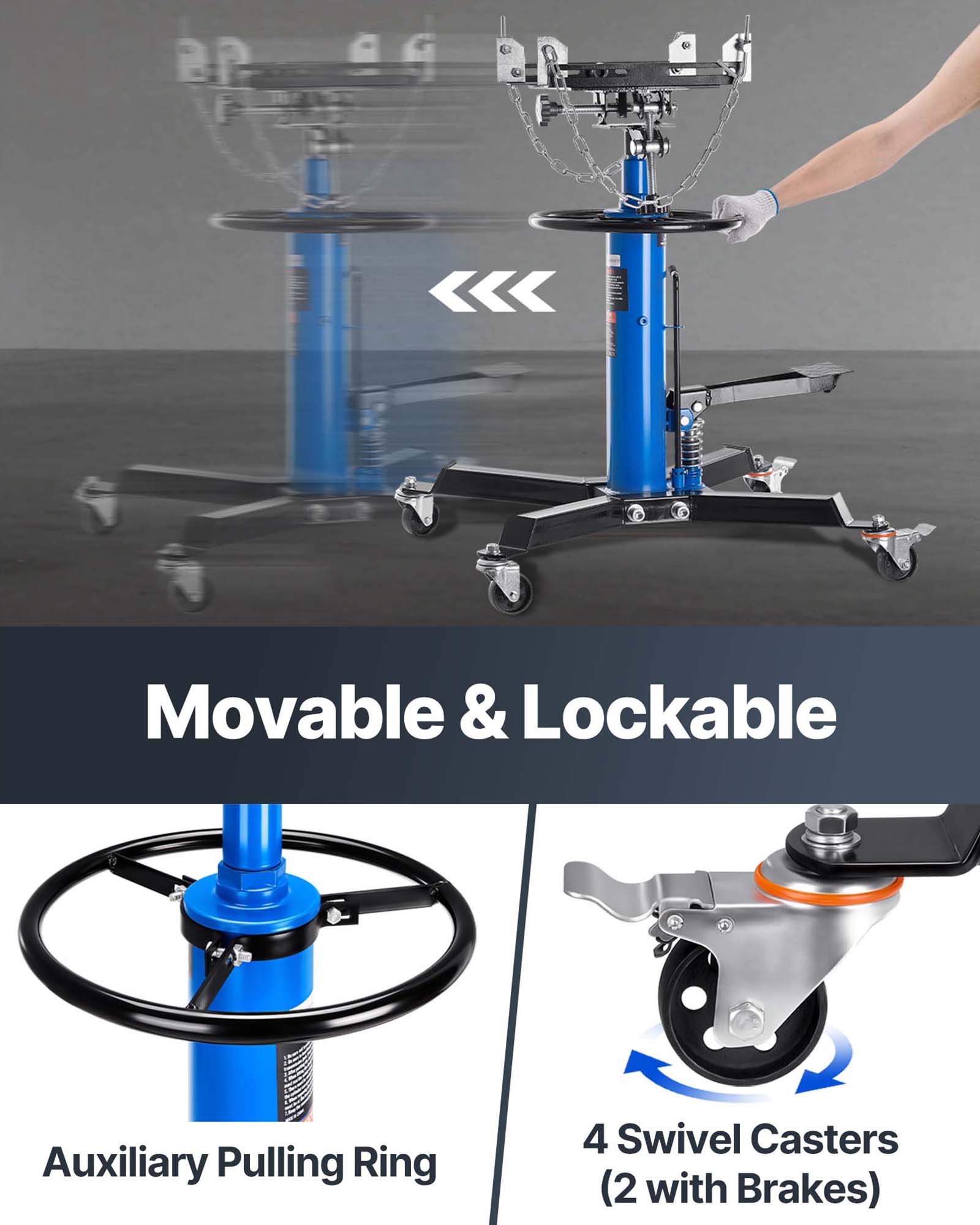 Movable & Lockable Auxiliary Pulling Ring 4 Swivel Casters (2 with Brakes)