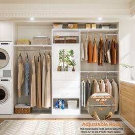 Aheaplus - 96" Wood Closet Organizer with 4 Drawers, Hanging Rods & Mirror - Sturdy Walk-in Closet, Cut-to-Fit (96"W x16"D x80"H) - White