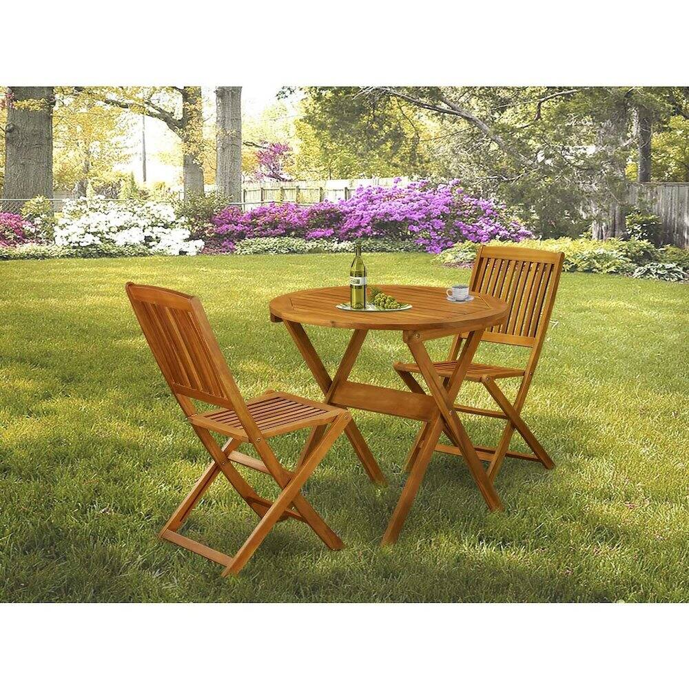 Alt View 2. East West Furniture - MNCM3CWNA 3-Piece Outdoor Bistro Table Set Contains a Foldable Patio Table and 2 Outdoor Camping Chairs - Natural Oil - Natural Oil.