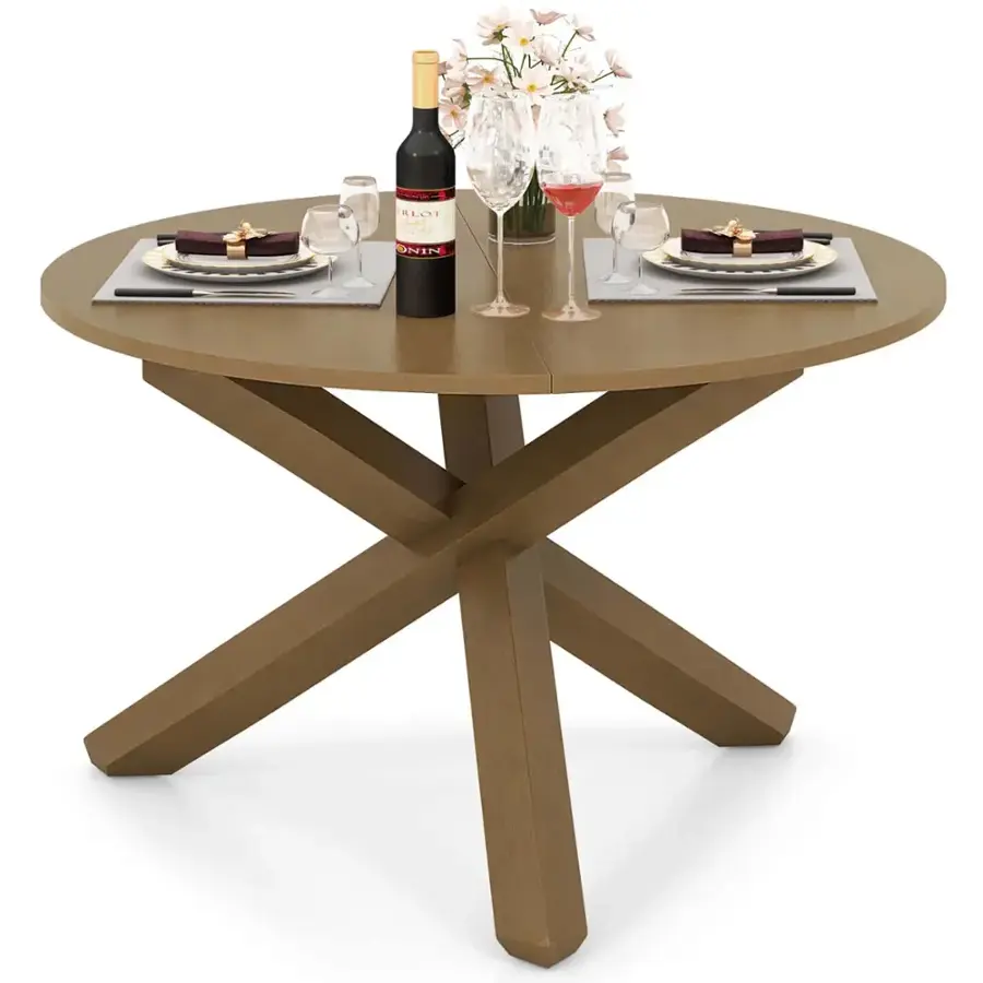 The image features a wooden dining table with a bottle of wine and two wine glasses placed on it. The table is set with plates and a vase, creating an elegant and inviting atmosphere for a meal. The wine glasses are filled with wine, adding to the sophisticated ambiance. The table is surrounded by chairs, making it a comfortable and welcoming space for dining and socializing.
