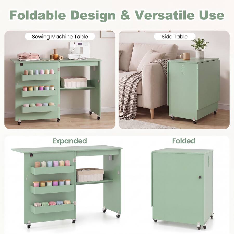 Costway Folding Sewing Machine Table with Power Outlets, 3 Storage Bins ...