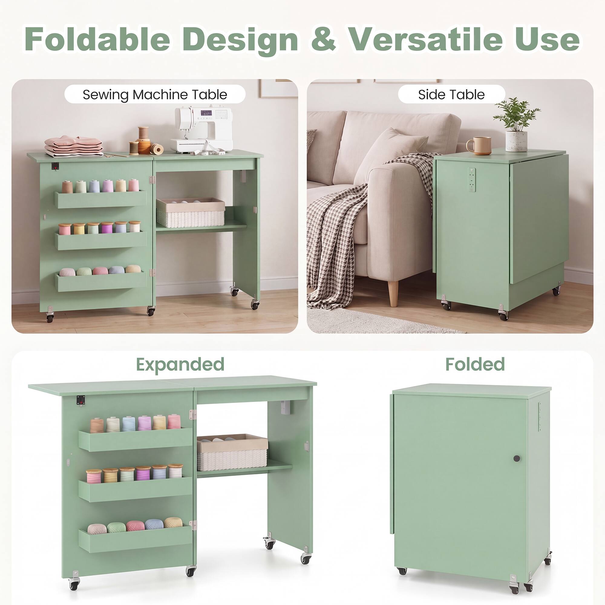 Foldable Design & Versatile Use

Sewing Machine Table

Side Table

Expanded

Folded