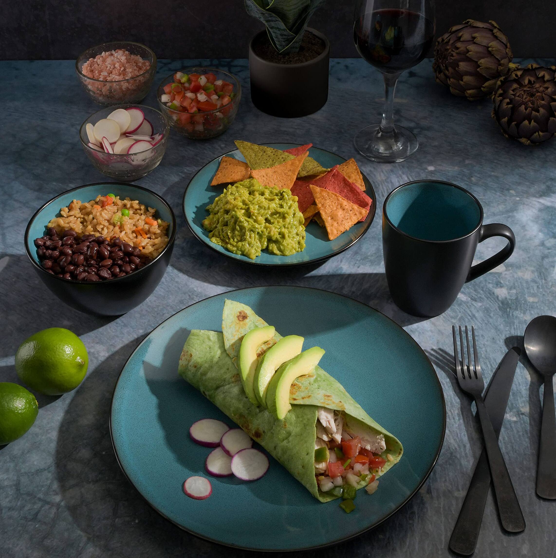 Alt View 2. Dazzed Corner - Round Reactive Glaze Stoneware Dinnerware Set, Service for 4 (16pc) - Teal.