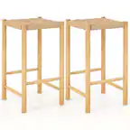 Front. Costway - 26" Dining Bar Stool Set of 2 Counter Height with Rubber Wood Woven Saddle Seat - Natural.