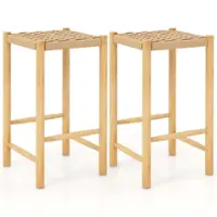 Costway - 26" Dining Bar Stool Set of 2 Counter Height with Rubber Wood Woven Saddle Seat - Natural - Front_Zoom