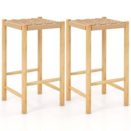 Costway - 26" Dining Bar Stool Set of 2 Counter Height with Rubber Wood Woven Saddle Seat - Natural