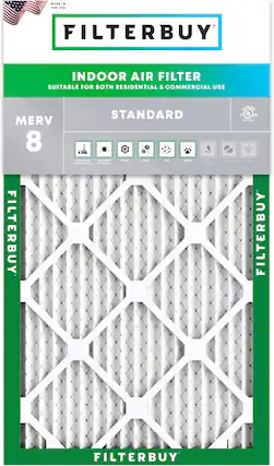 MADE IN THE USA FILTERBUY INDOOR AIR FILTER SUITABLE FOR BOTH RESIDENTIAL & COMMERCIAL USE MERV 8 FILTERBUY STANDARD Household Dust Mites Pollen Mold Lint Dander Smog Dust & Particles A Stemg Botiere GEASSIFIES C UL US 27912 FILTERBUY