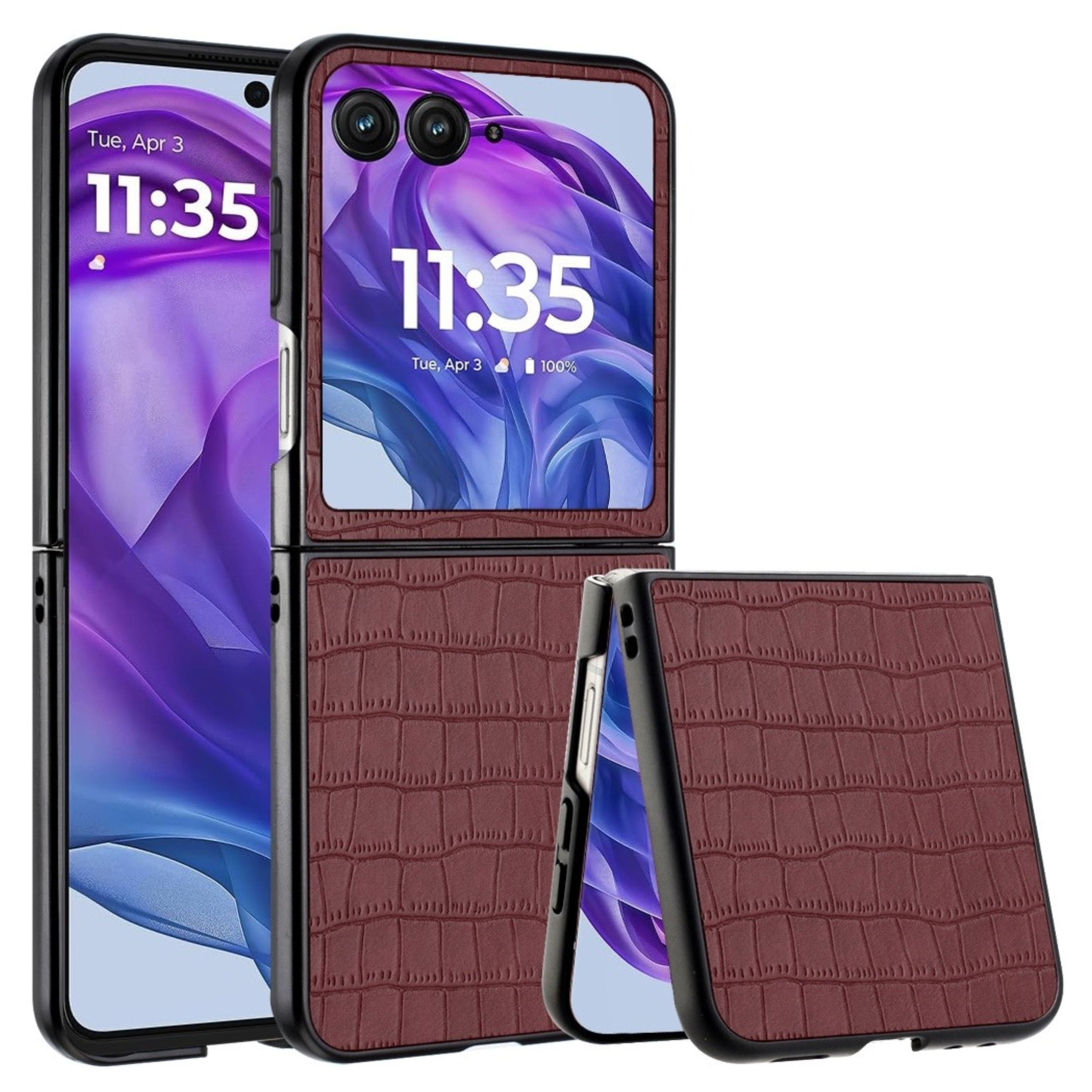 Kitcheniva - Croc-Textured Vegan Leather Snap-On Case For Motorola Razr Plus 2024 Brown - A9304