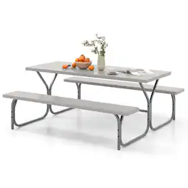 Costway - 6 FT Picnic Table Bench Set Outdoor Dining Table & 2 Benches with Metal Frame - Gray