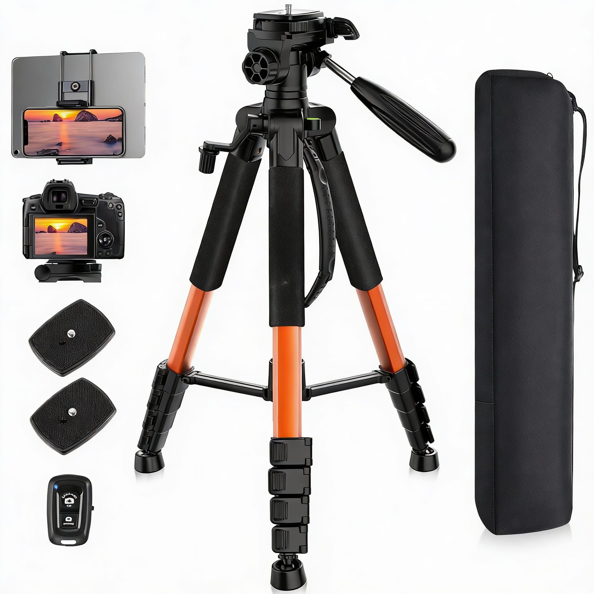 OMOMMD - Camera Tripod Heavy Duty Aluminum Stand For Ipad Phone Travel With Remote carry Bag phone Tablet Holder Com - Orange-75 inch