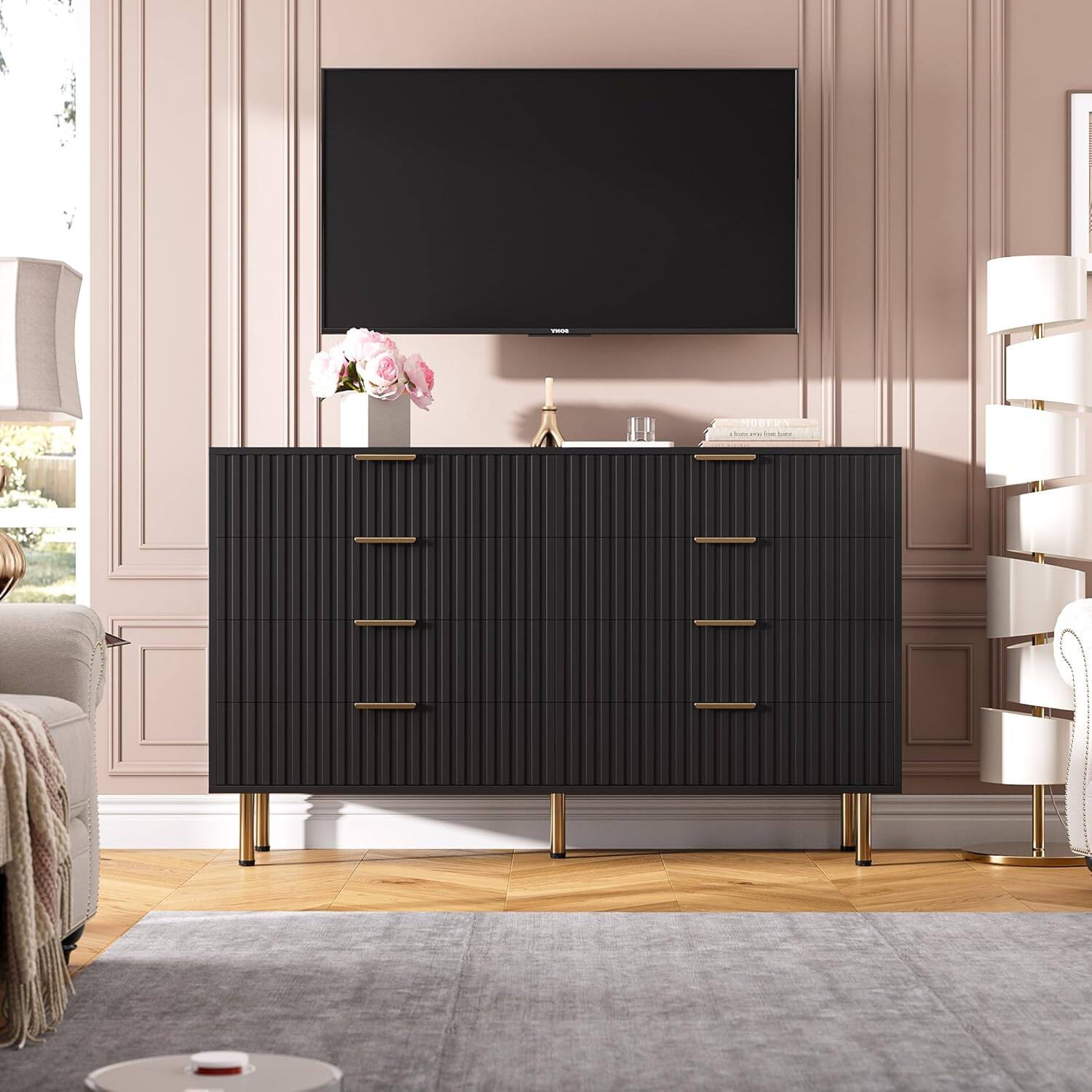 Alt View 2. Qeetex - Fluted 8 Drawer Dresser, 54" Wide Modern Chest with Deep Drawers, Double Dresser TV Stand for Living Room, Bedroom - ‎Black.
