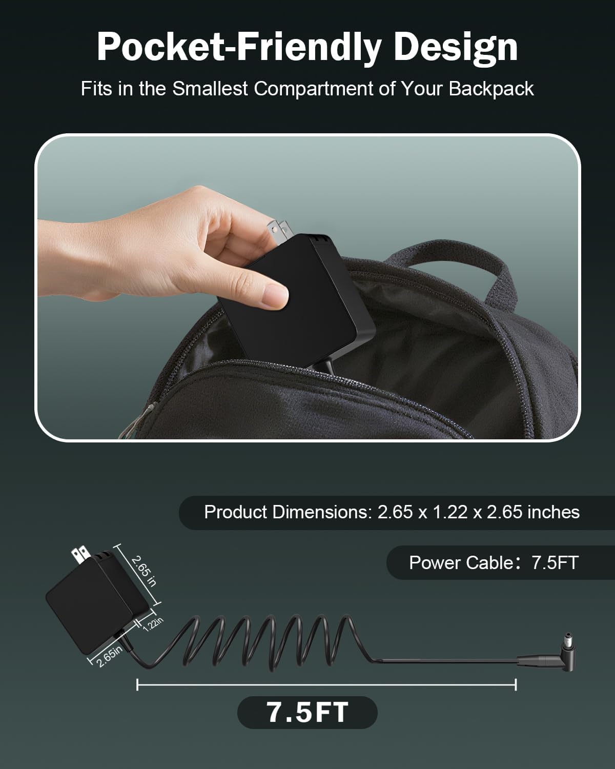 Pocket-Friendly Design Fits in the Smallest Compartment of Your Backpack

Product Dimensions: 2.65 x 1.22 x 2.65 inches

Power Cable: 7.5FT