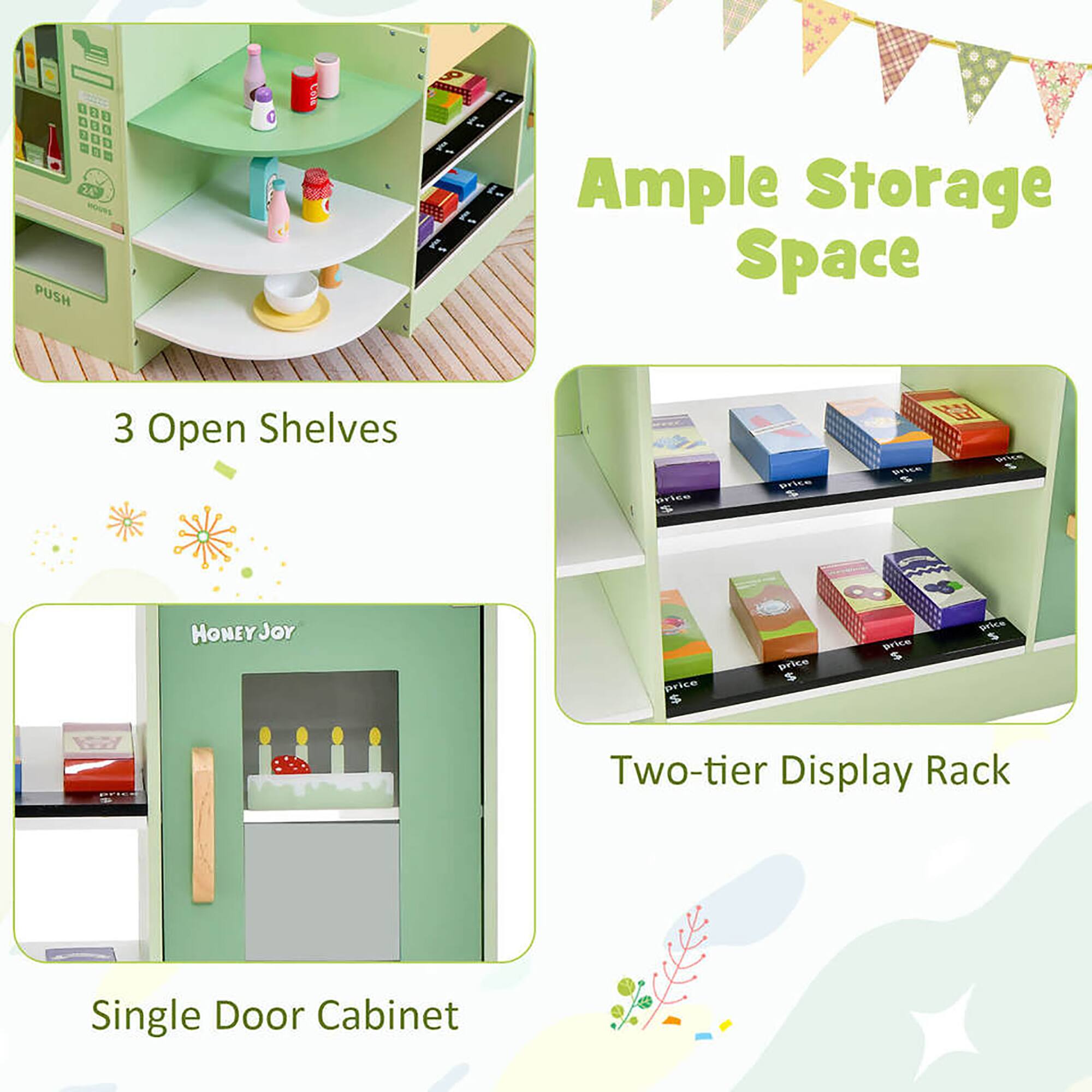 - 3 Open Shelves
- Ample Storage Space
- Single Door Cabinet
- Two-tier Display Rack