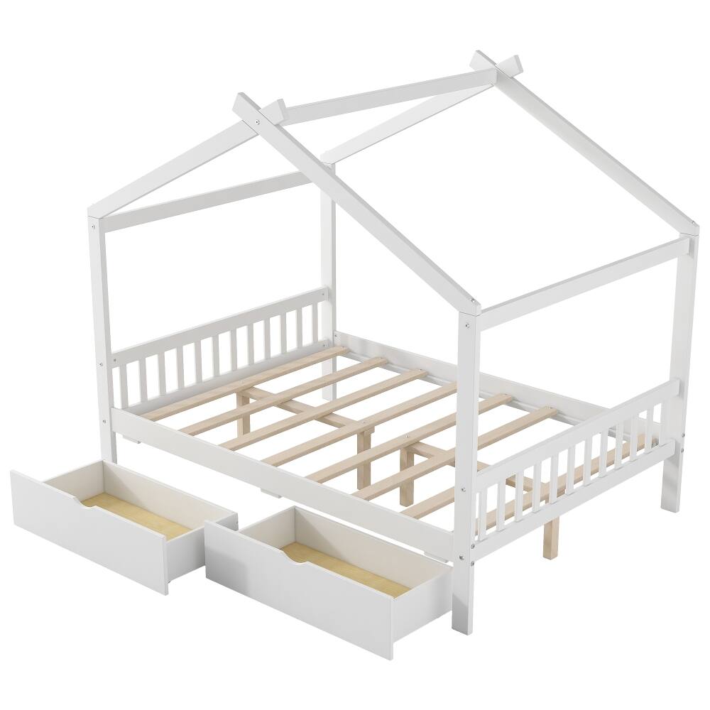 Alt View 4. Loheer - Loheer Full Size House Platform Bed with Two Drawers, Roof Design White Bed Frame for Kids - White.
