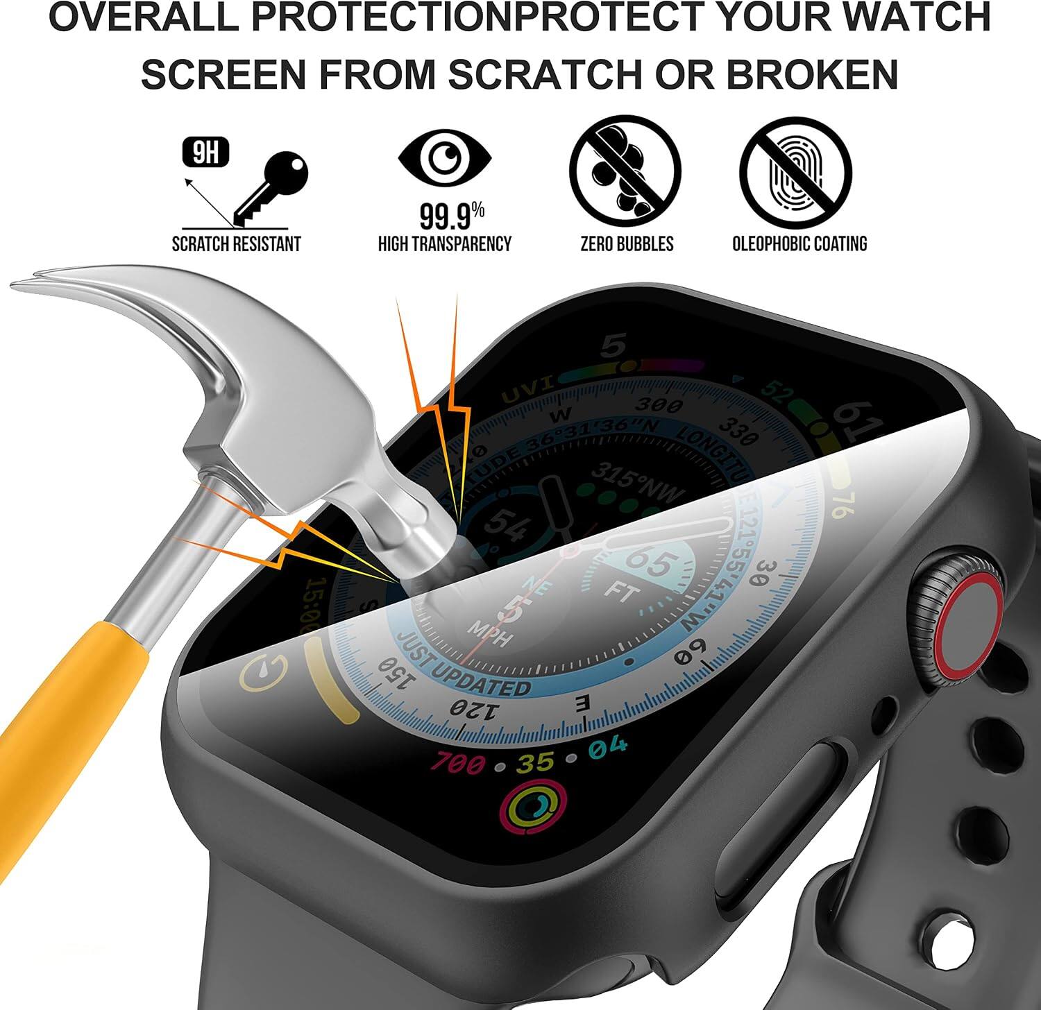 OVERALL PROTECTION  
PROTECT YOUR WATCH SCREEN FROM SCRATCH OR BROKEN  

9H  
SCRATCH RESISTANT  
99.9% HIGH TRANSPARENCY  
ZERO BUBBLES  
OLEOPHOBIC COATING  

15:00  
5 UVI 52 300 W 61 3631'36"N 330 0 LONGITUDE 315NW 76 54 12155' 65 30 NE FT MPH 5 JUST 09 150 UPDATED 120 E . 04 700 - 35