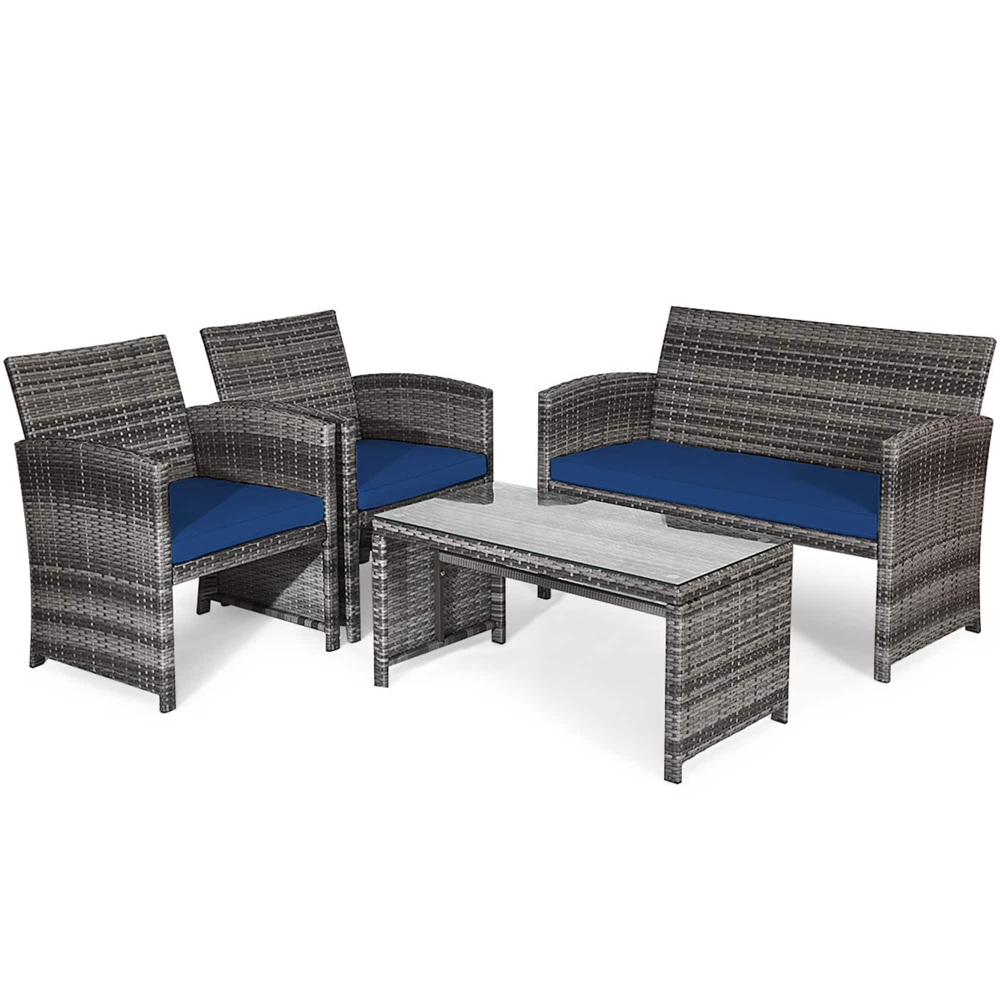 Gymax 4PCS Patio Outdoor Rattan Conversation Furniture Set w