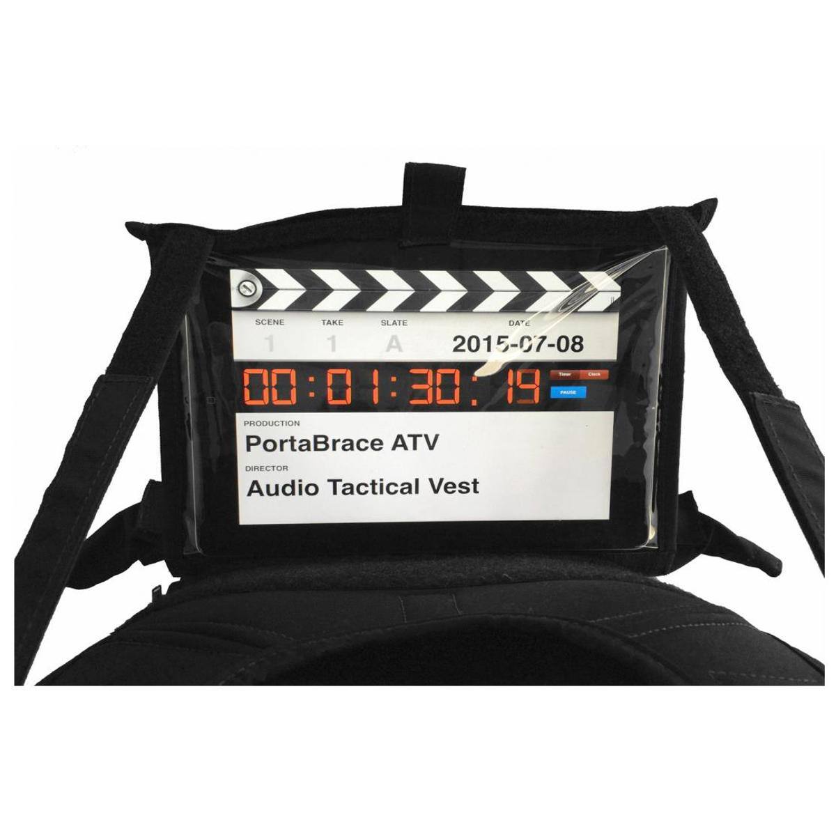 SCENE TAKE SLATE  
1 1 A  
2015-C7-08  
00:01:30:19  
PRODUCTION  
PortaBrace ATV  
DIRECTOR  
Audio Tactical Vest