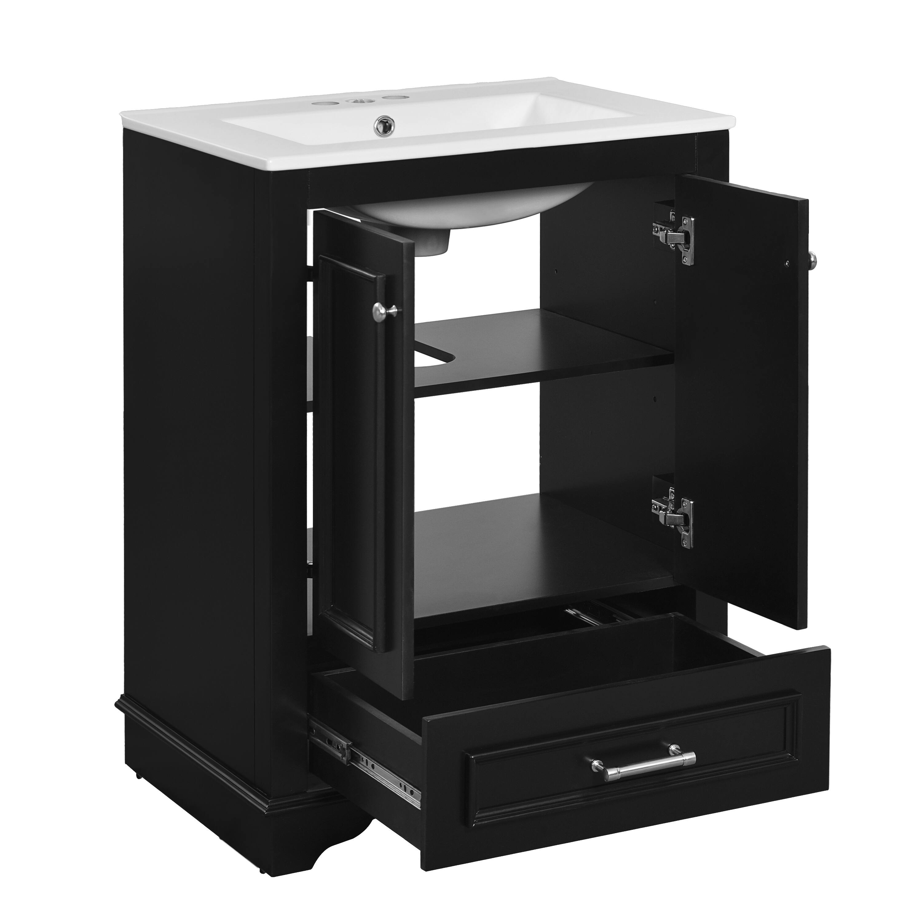 Alt View 9. Tiramisubest - 24" Bathroom Vanity with Ceramic Sink Combo, Modern Storage Cabinet  with Silver Handles,  Soft Closing Doors - Black.