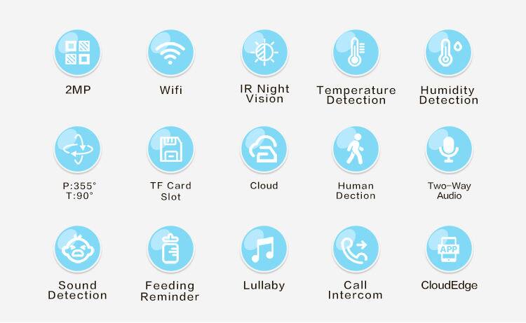 2MP Wifi IR Night Vision Detection  
Temperature Detection  
Humidity Detection  
P:355° T:90°  
TF Card Slot  
Cloud  
Human Detection  
Two-Way Audio  
Sound Detection  
Feeding Reminder  
Lullaby  
Call Intercom  
APP  
CloudEdge