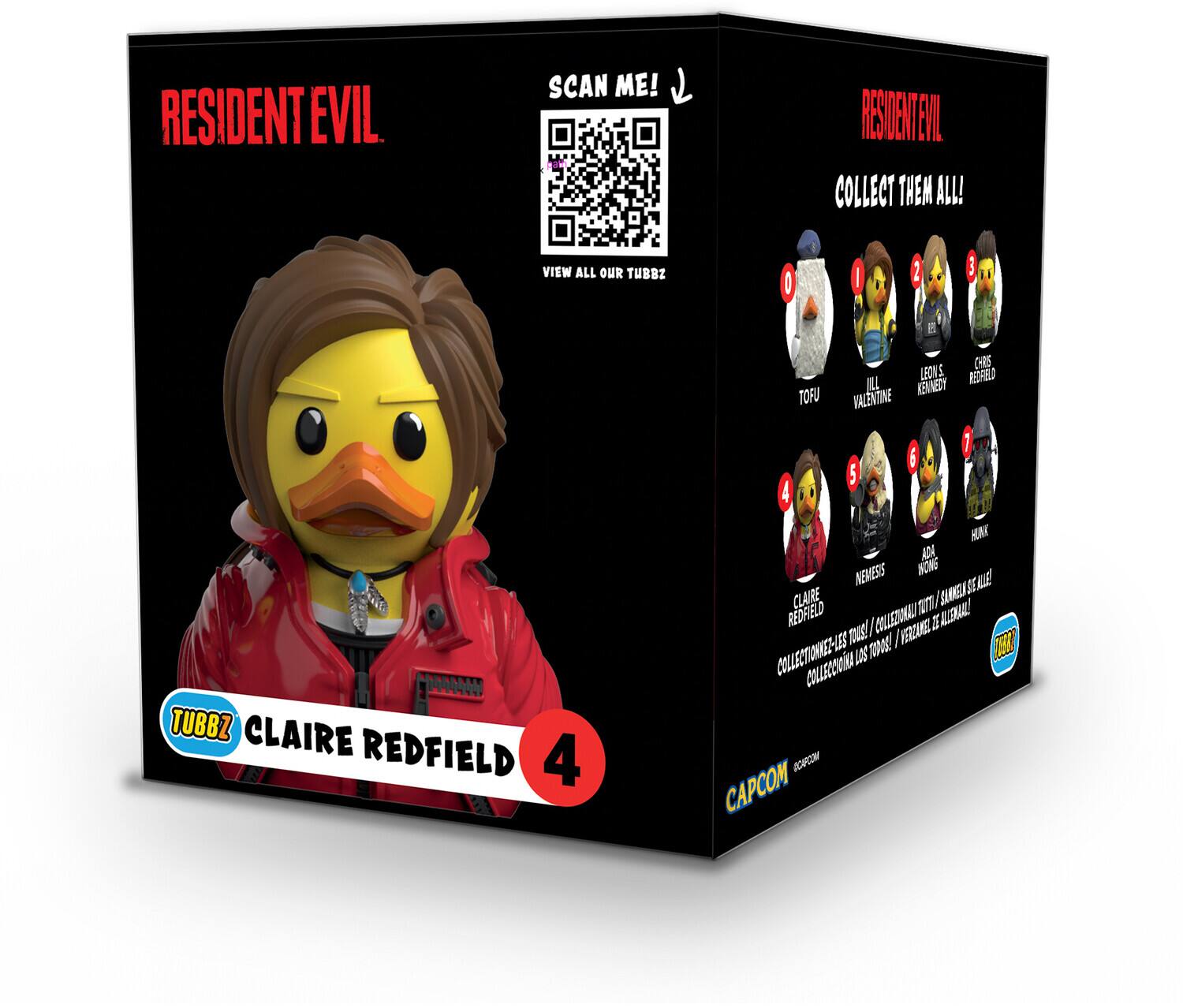 RESIDENT EVIL SCAN ME! RESIDENT EVIL COLLECT THEM ALL! VIEW ALL OUR TUBBZ: 1. TOFU, 2. LEON S. REDFIELD, 3. KEANU VALENTINE, 4. CLAIRE REDFIELD, 5. ADA WONG, 6. NEMESIS. CAPCOM.
