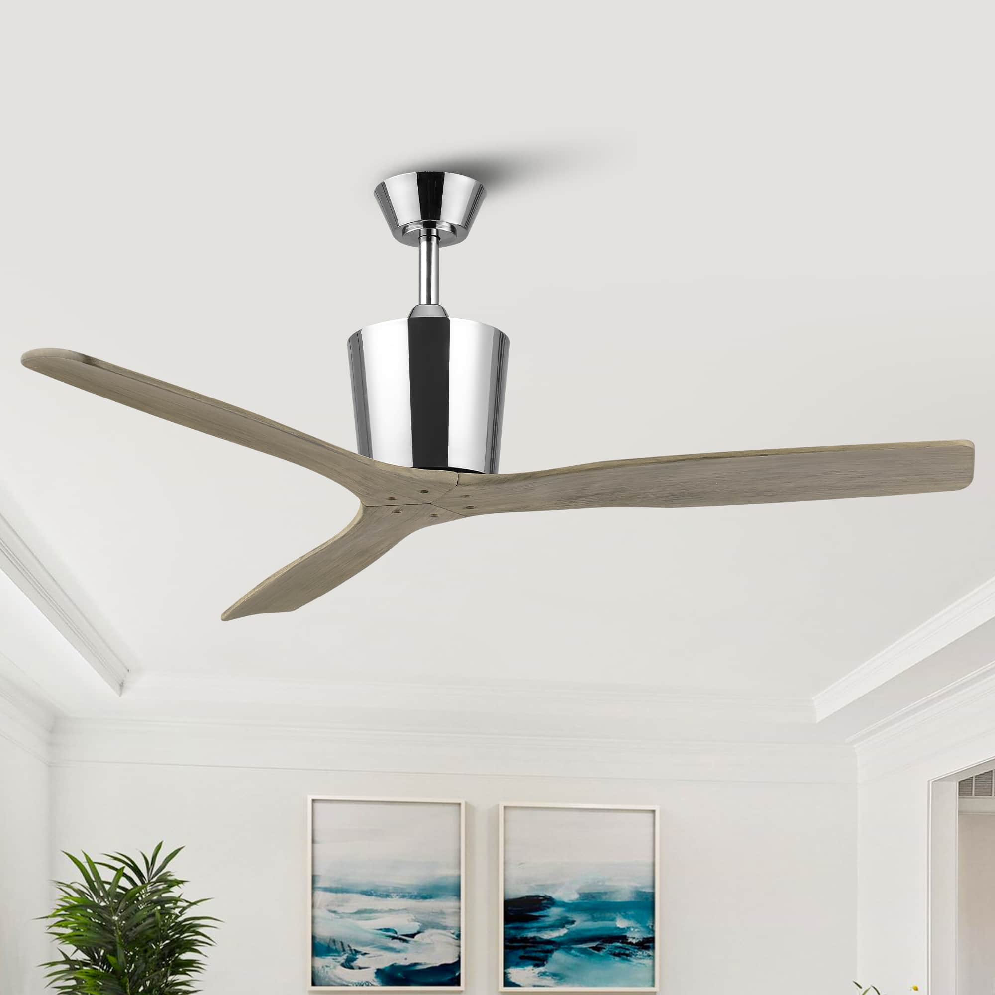 Parrot Uncle - 54" Modern Solid Wood 6 Speeds Ceiling Fan with Remote, No Light - Chrome