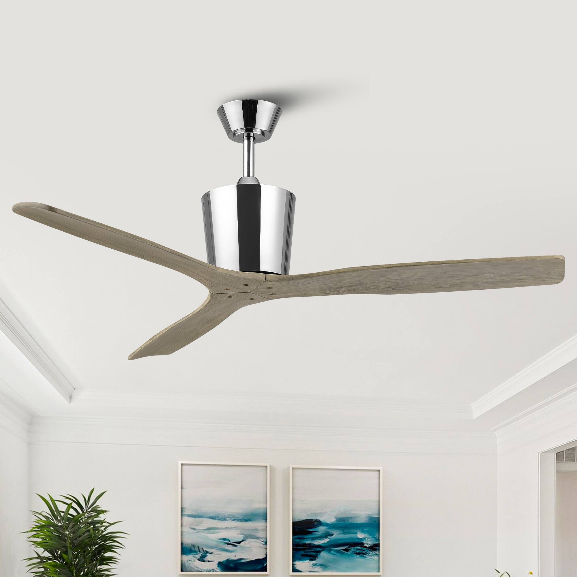 Front. Parrot Uncle - 54" Modern Solid Wood Chrome 6 Speeds Ceiling Fan with Remote, No Light - Chrome.