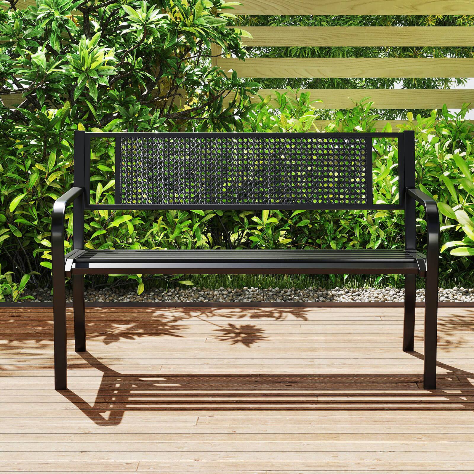 Alt View 4. Costway - Costway 50" Garden Bench with Patterned Backrest and Curved Armrests for Porch Lawn - Black.