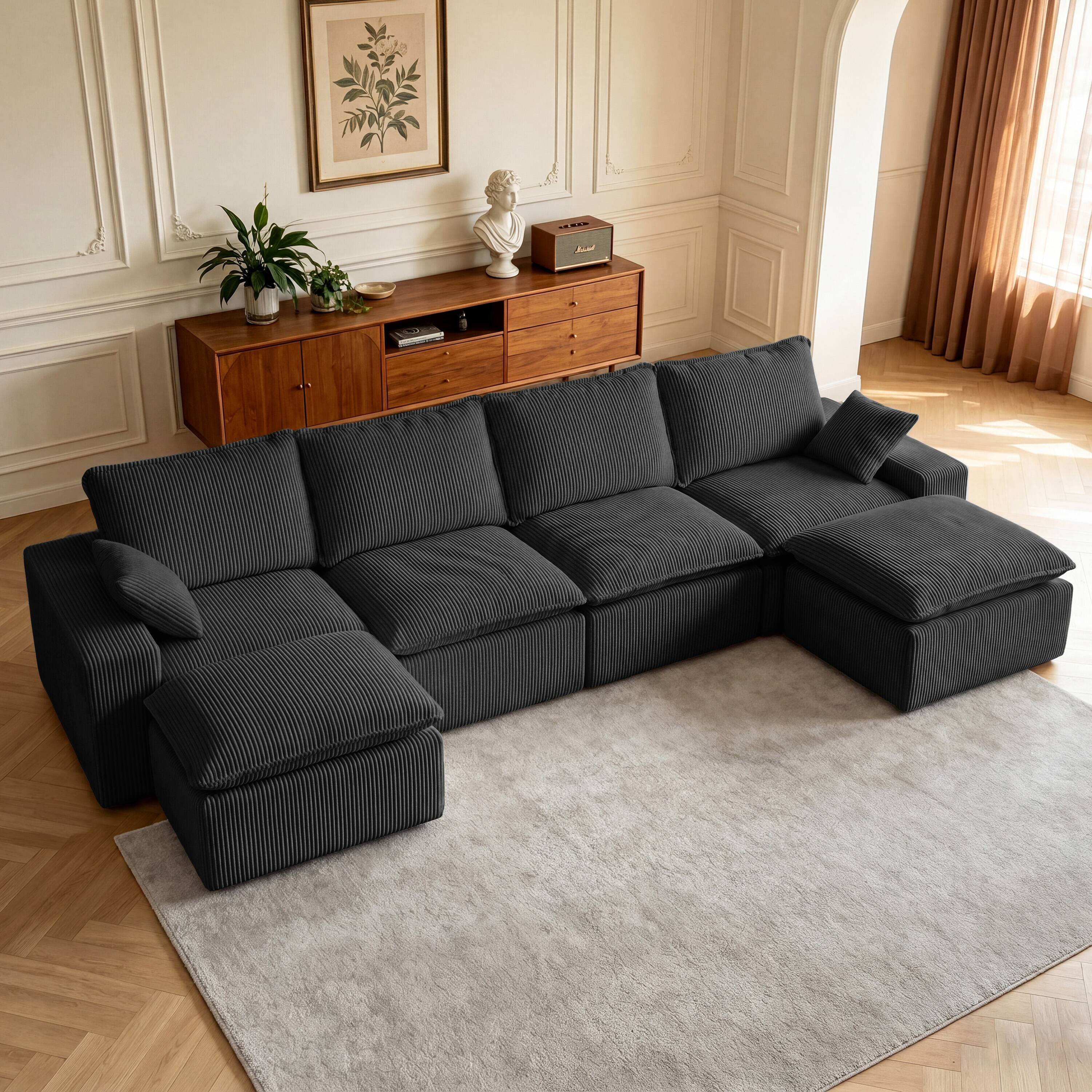 Left. CarterChairr - 137'' Modular Sectional Sofa, U Shaped Boneless Couch,Sleeper Sofa Bed with 2 Pillows, No Assembly Required - Black.