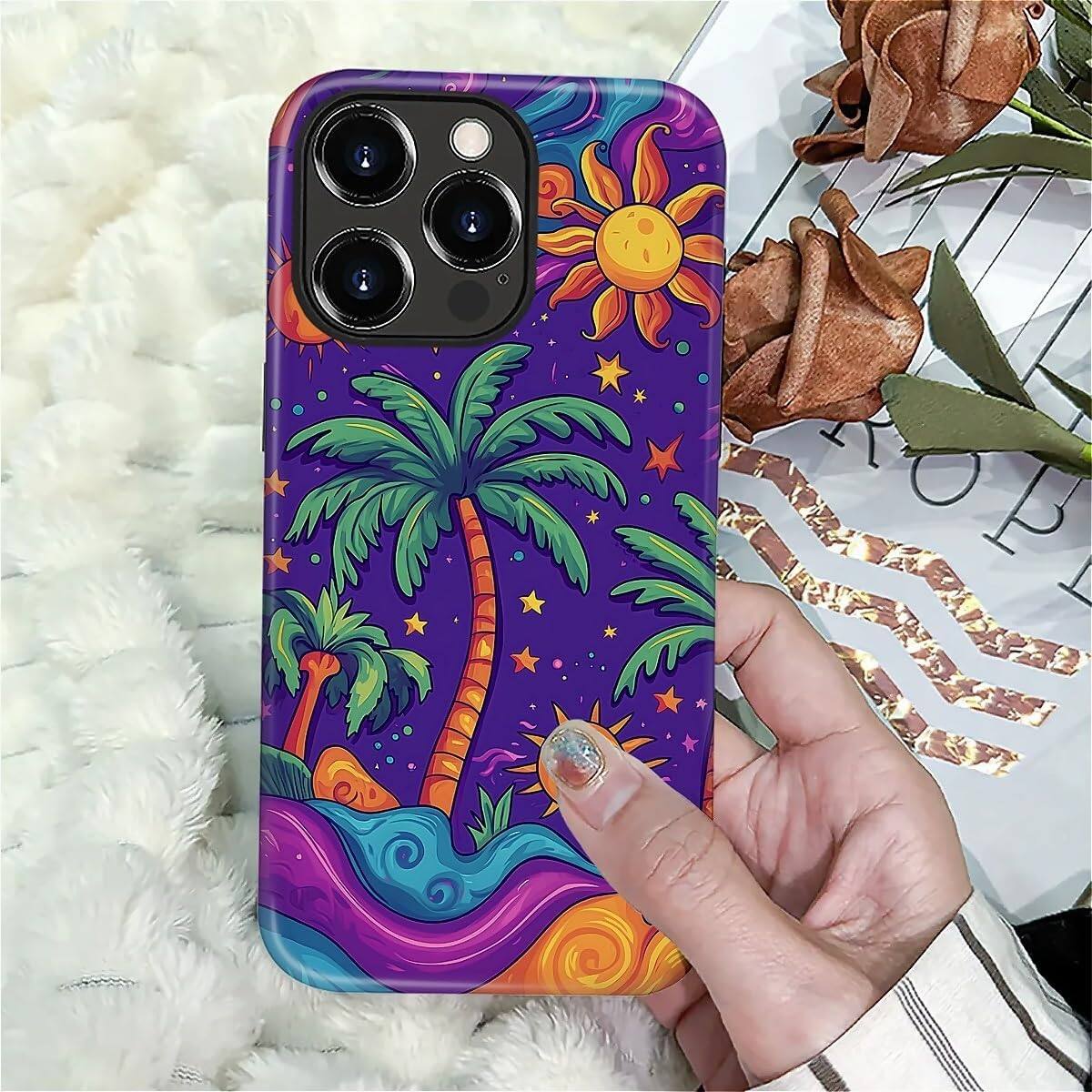 Alt View 6. BUBM - Smartphone Case for iPhone 16 Pro - 2-Layer Durable Smartphone Protection Case - Palm Trees Stars Sun.