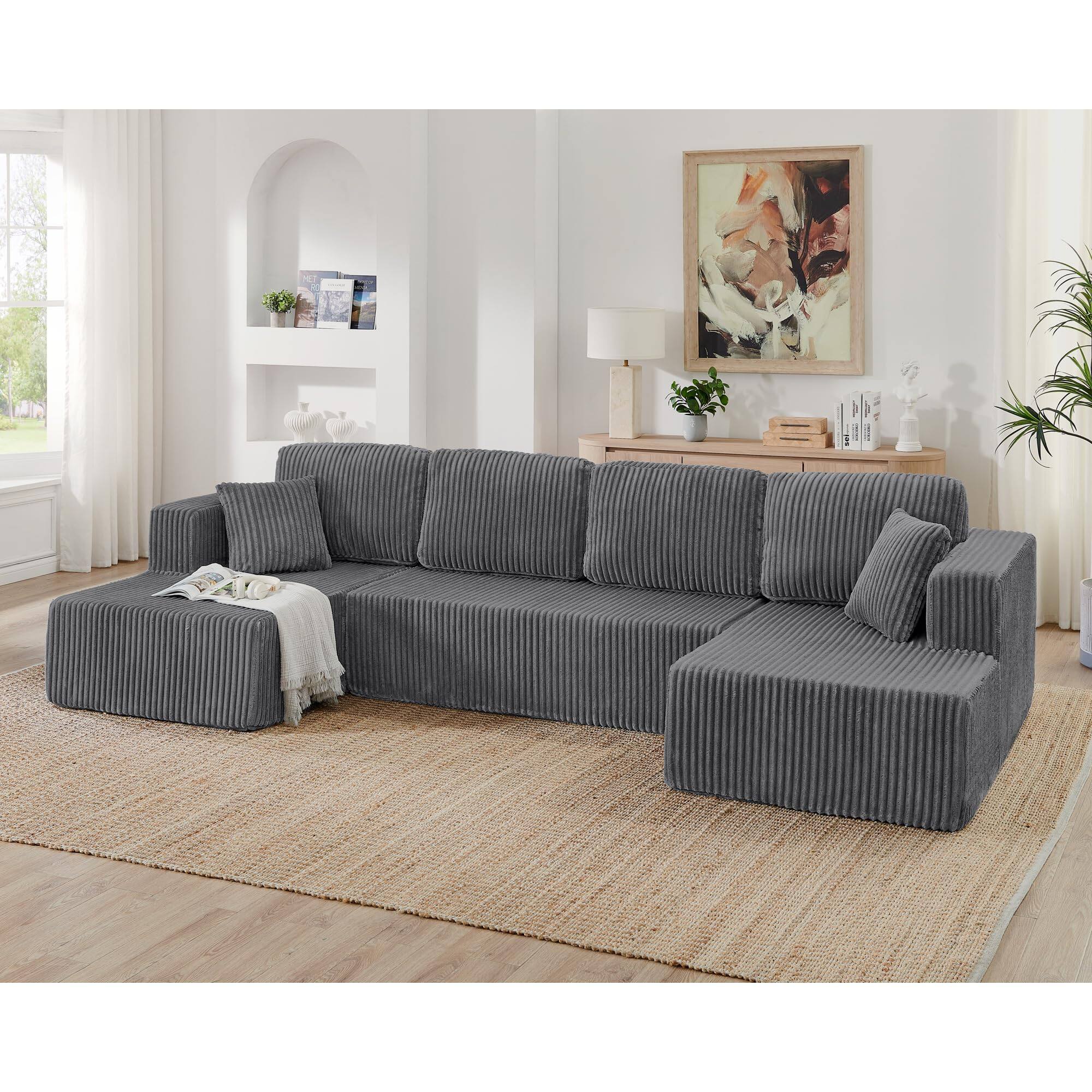 Alt View 1. GlowWise - 133'' Modular Sectional Couch, Modern U-Shaped Floor Sofa with Double Chaise Lounge, Comfy Corduroy Fabric Couch - Grey.