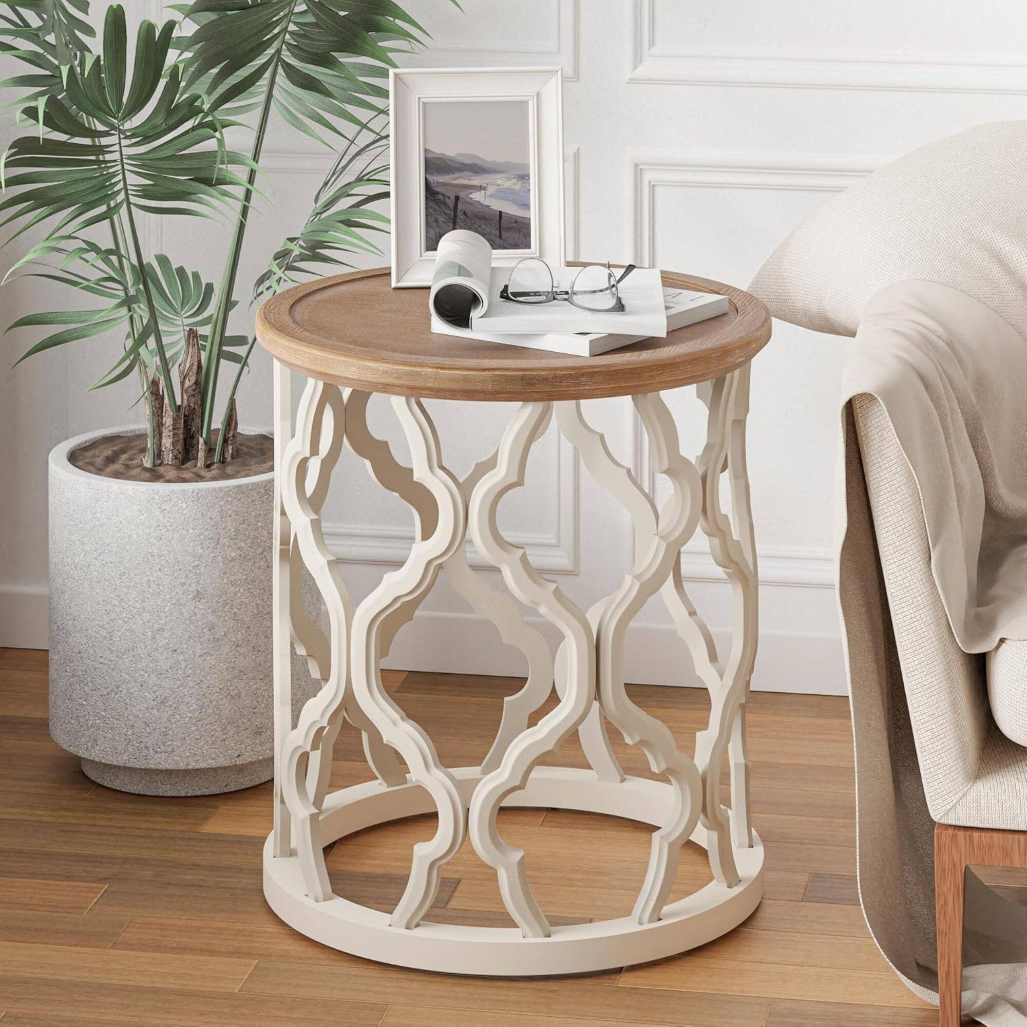 Alt View 7. COZAYH - COZAYH Rustic Table Round Accent Side Wood Tray Top Curved Base Furniture, White - Wood, White.