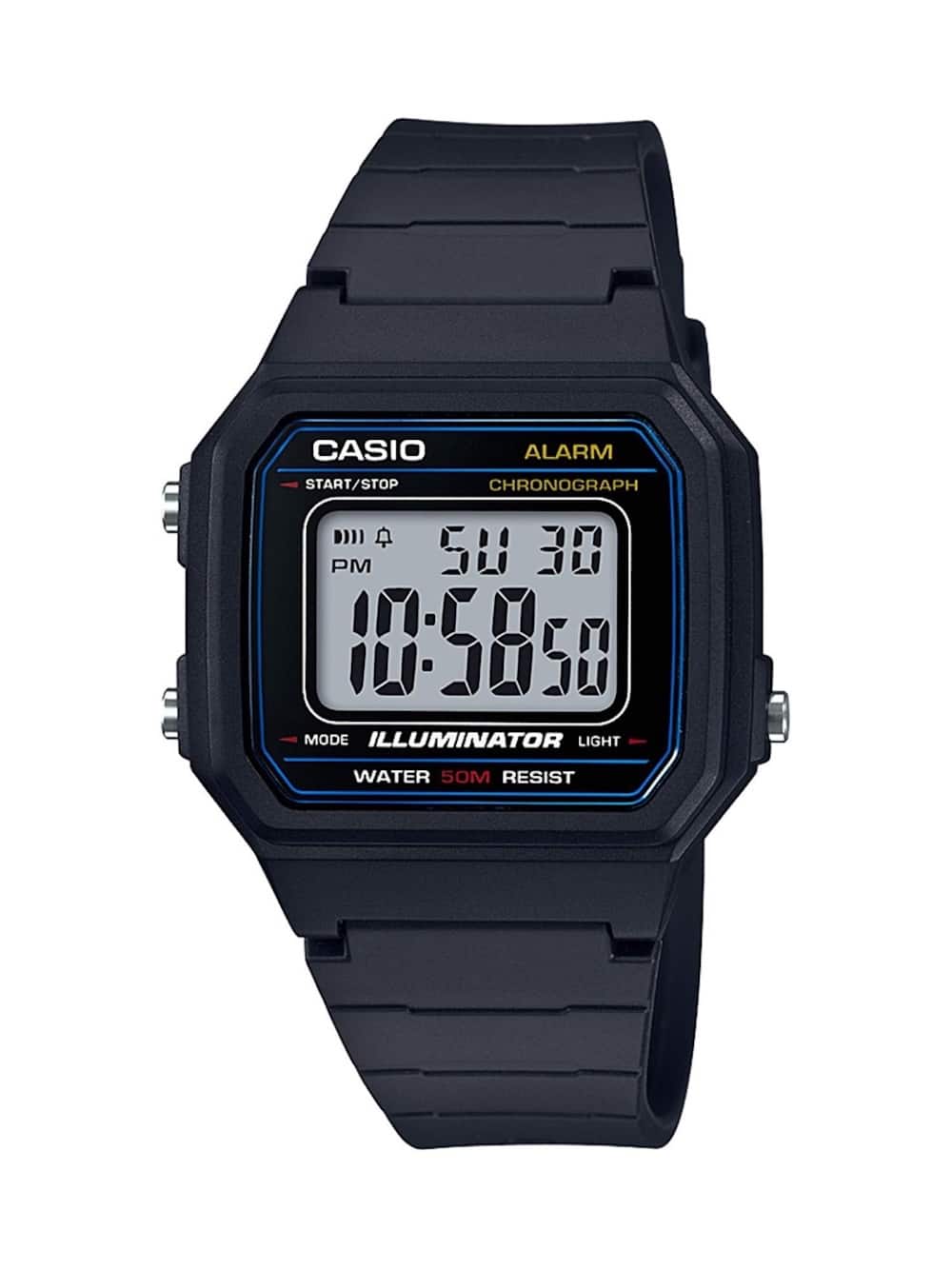 CASIO ALARM START/STOP CHRONOGRAPH  
PM 50 30 10:5850  
ILLUMINATOR LIGHT  
WATER 50M RESIST