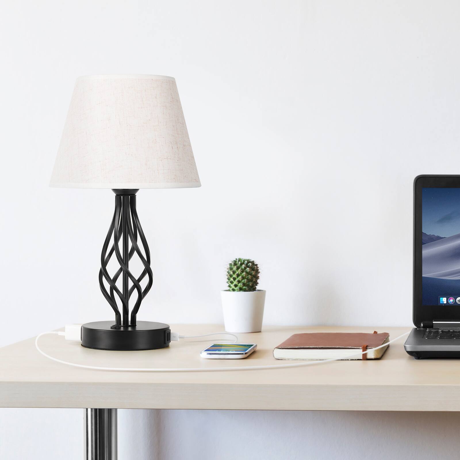 Alt View 2. Oumilen - Set of 2 Modern Nightstand Desk Lamp w/Spiral Cage,USB Charging Ports, AC Outlet.